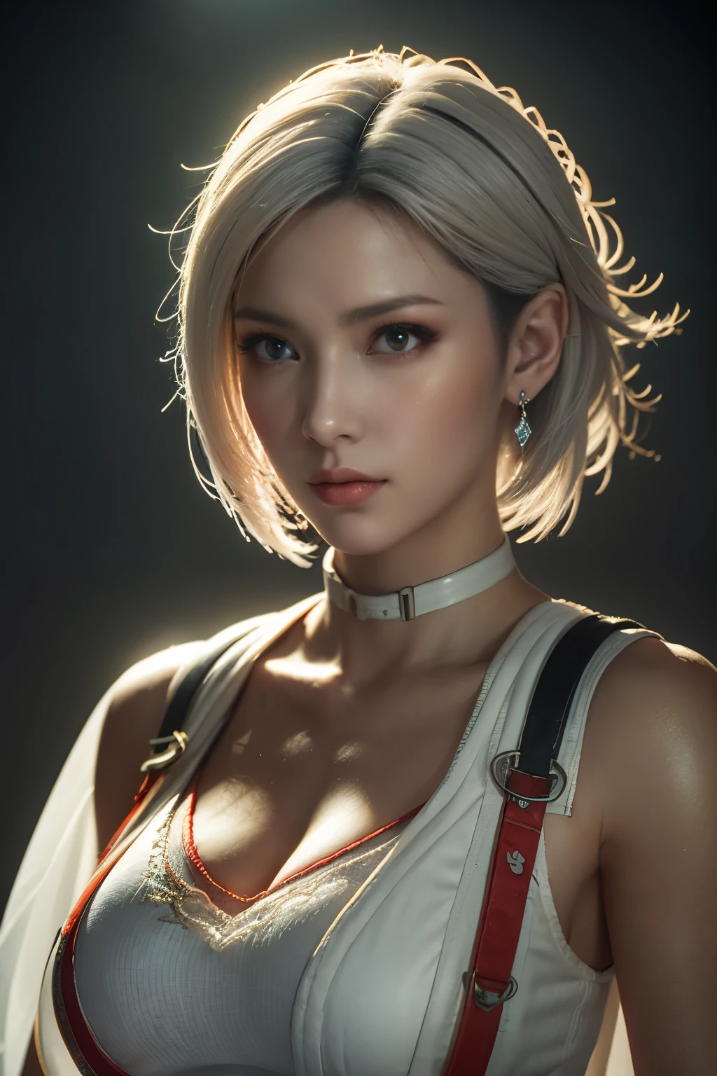 Masterpiece,Game art,The best picture quality,Highest resolution,8K,(A bust photograph),(Portrait),(Head close-up),(Rule of thirds),Unreal Engine 5 rendering works,
20 year old girl,Short hair details,With long bangs,(white hair),red eyes,Elegant and elegant,(Large, full breasts),(Wearing a white coat,Red suspender underwear),shut your mouth,serious yet charming,(scholar),photo poses,Sci-fi style laboratory,white room,
Movie lights，Ray tracing，Game CG，((3D Unreal Engine))，OC rendering reflection pattern