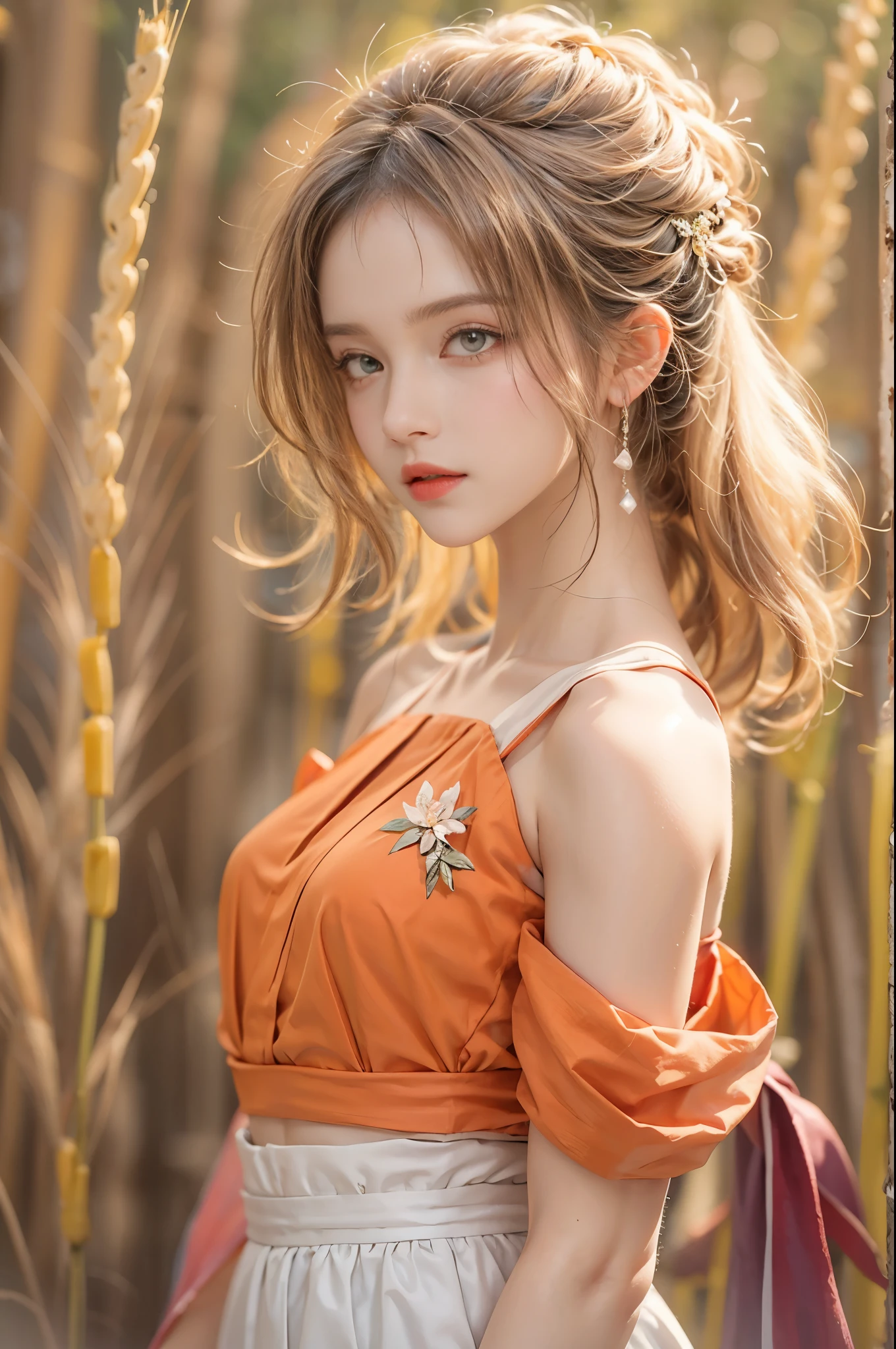 hanfu-song, hanfu, song theme, bandeau, tube top, ((bare shoulders)),masterpiece, best quality, high quality, HD, High quality texture, High-quality shadows, high detail, Beautiful detailed, meticulous, Extremely detailed CG, Detailed texture, a actual representation of the face, actual, rich and colorful, Beautifully, sharp focus, (intricate details, cosmetic, Pure love face_v1:0.5), (detailed beautiful Beautifully face, (detailed beautiful Beautifully eyes), Perfectly proportioned face, high detailed skin, Delicate skin, The optimal ratio of four fingers to one thumb, Thin and skinny:1.3), 1 girl, 17 years old, High, (Smooth_abdominal muscles:1.55), (abdominal muscles:0.5), beautiful, masterpiece, high resolution, (long_skinny_leg), (direct_leg), (skinny_waist), (((White skin))), White skin, (((pale skin))), (Emma_Watson), big deal_Chest, (((Caucasian))), Light blonde hair, orange headband, (crop top)), standing leg apart, looking at the audience, whole body, ((showing midriff)), Portrait of cute blonde girl, Standing on the wheat field (((look away))), bloom, Orange fog, sports, thinning hair, realism, High quality rendering, amazing art, high quality, film grain, Fuji XT3, fantastic,