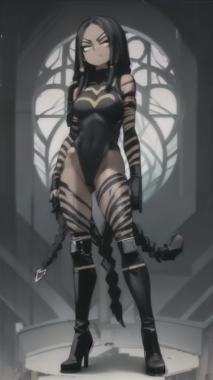 (((My Hero Academia Style))), villainess, 1girl, female, tigress woman in black leotard, black thigh-high boots, bicep-length black gloves, tiger tail, (((dark-skinned woman))), (((Dreadlocks))), ((((full body photo: 1.5)))), (((yellow feline eyes))), ((Small Breast)), ((wide hips)), ((wide thighs)),