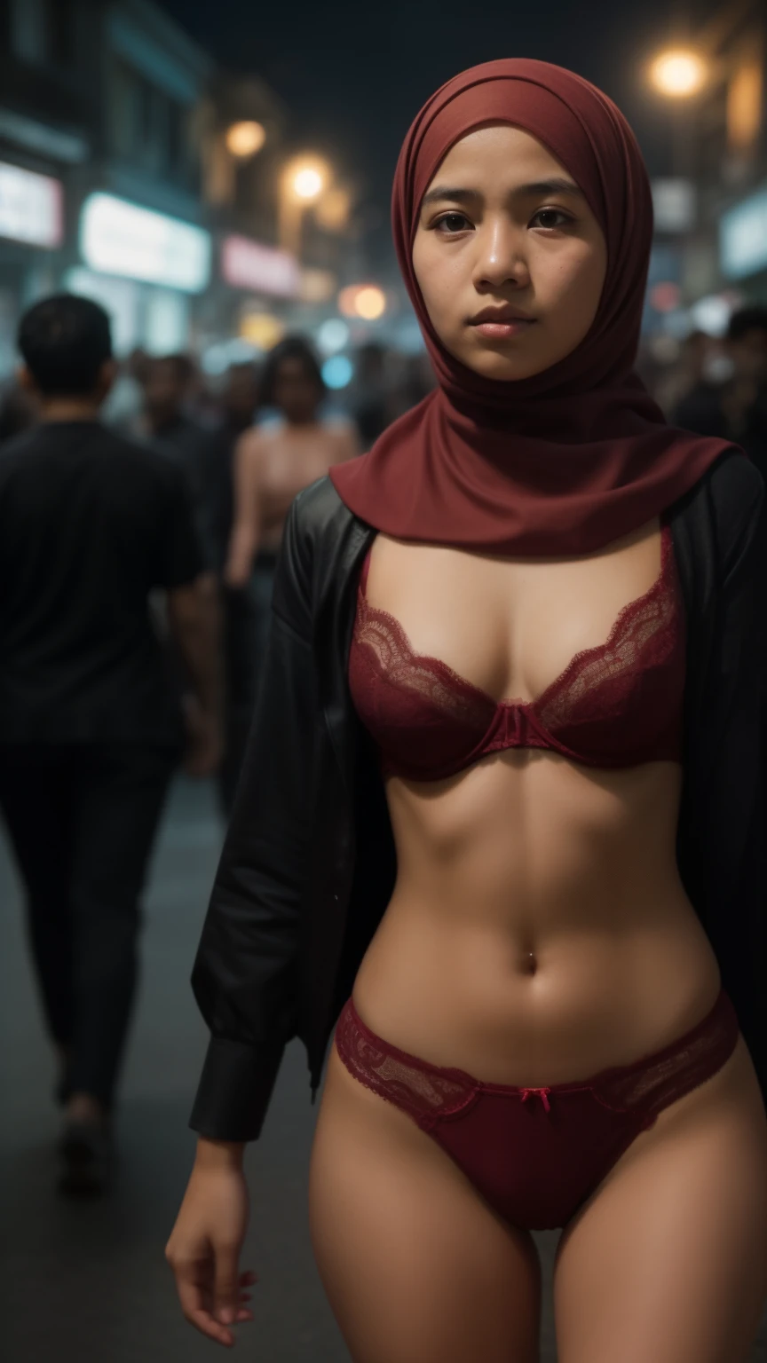 a javanese teenage girl in hijab and dark red lace bra and panties catwalk in front of crowded bustling jogjakarta streets, serious face, nighttime, 35mm lens, establishing shot, pastel color grading, depth of field cinematography effect, film noir genre, 8k resolution, high quality, ultra detail