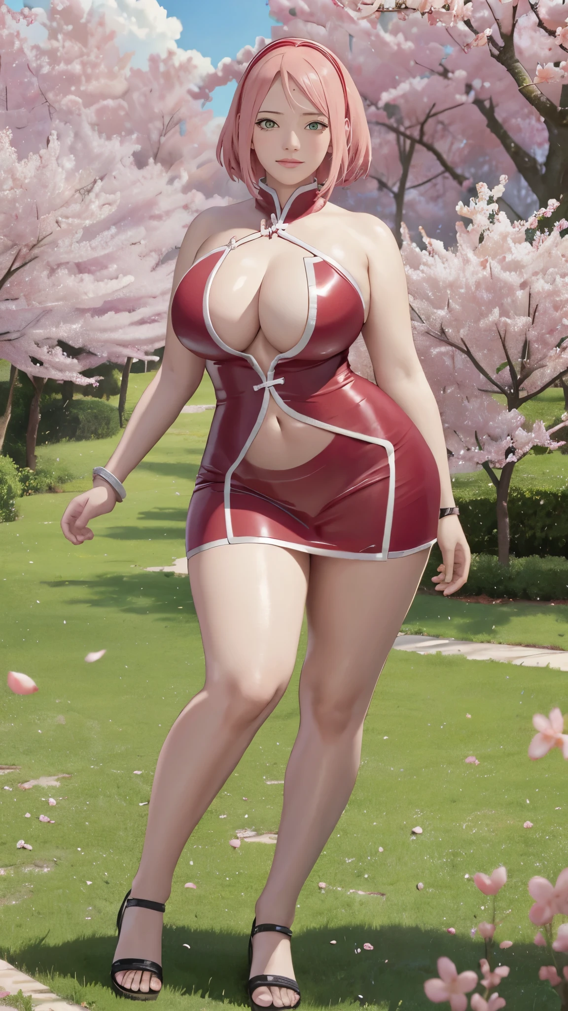 Chubby , thick, Curve, Realistic, Photorealistic,cowboy shot,masterpiece, absurdres, (colorful), 1girl, haruno sakura, forehead mark, red hairband, detailed chinesse mini dress, navel, groin, bracelet, looking at viewer, flushed face, smile, cherry blossoms, private garden, wind, floating hair, large breast, (((wide hips))), toned body, detailed eyes, dynamic pose, full body