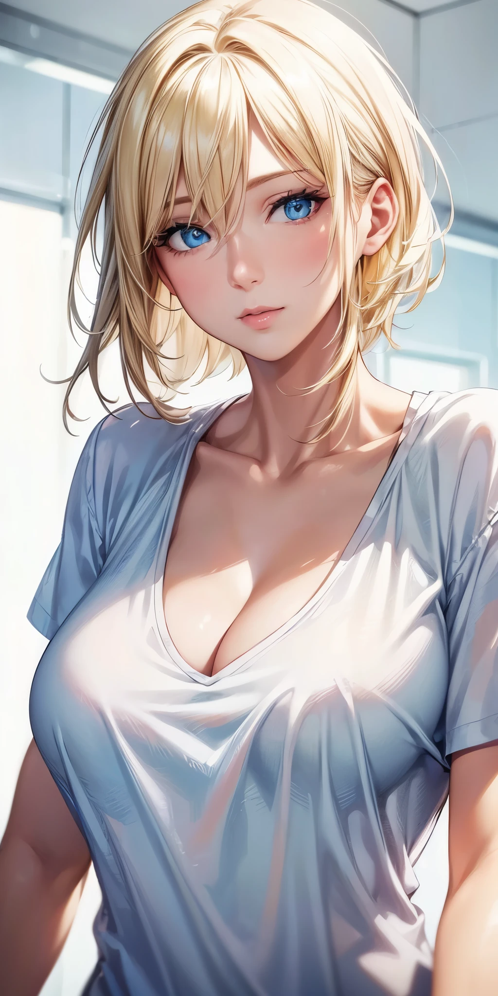 (best quality, highres, realistic), portrait, Elegant mature woman, blue eyes, blonde, big breast, high resolution cg 8k, beautiful cg, soft light