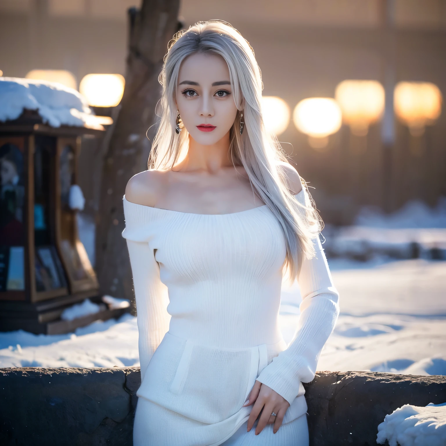 ((top quality、8k、Masterpiece:1.3))、Extremely delicate and beautiful girl,full-body shot,huge breasts,bigger breasts,amazing breast size,G cup,Half of the breasts are exposed。Wear big earrings,Very white skin,moist red lips,Waist is very thin,Thighs are very thin,big butt,fair and smooth skin,Smooth and fair skin,flawless skin,Fair and shiny skin,cold white skin,The camera focuses on the chest,Bright light,white sweater,Lower body exposed,white hair,White hair,heavy snow,snow mountain,sunset,lake,sweet smile