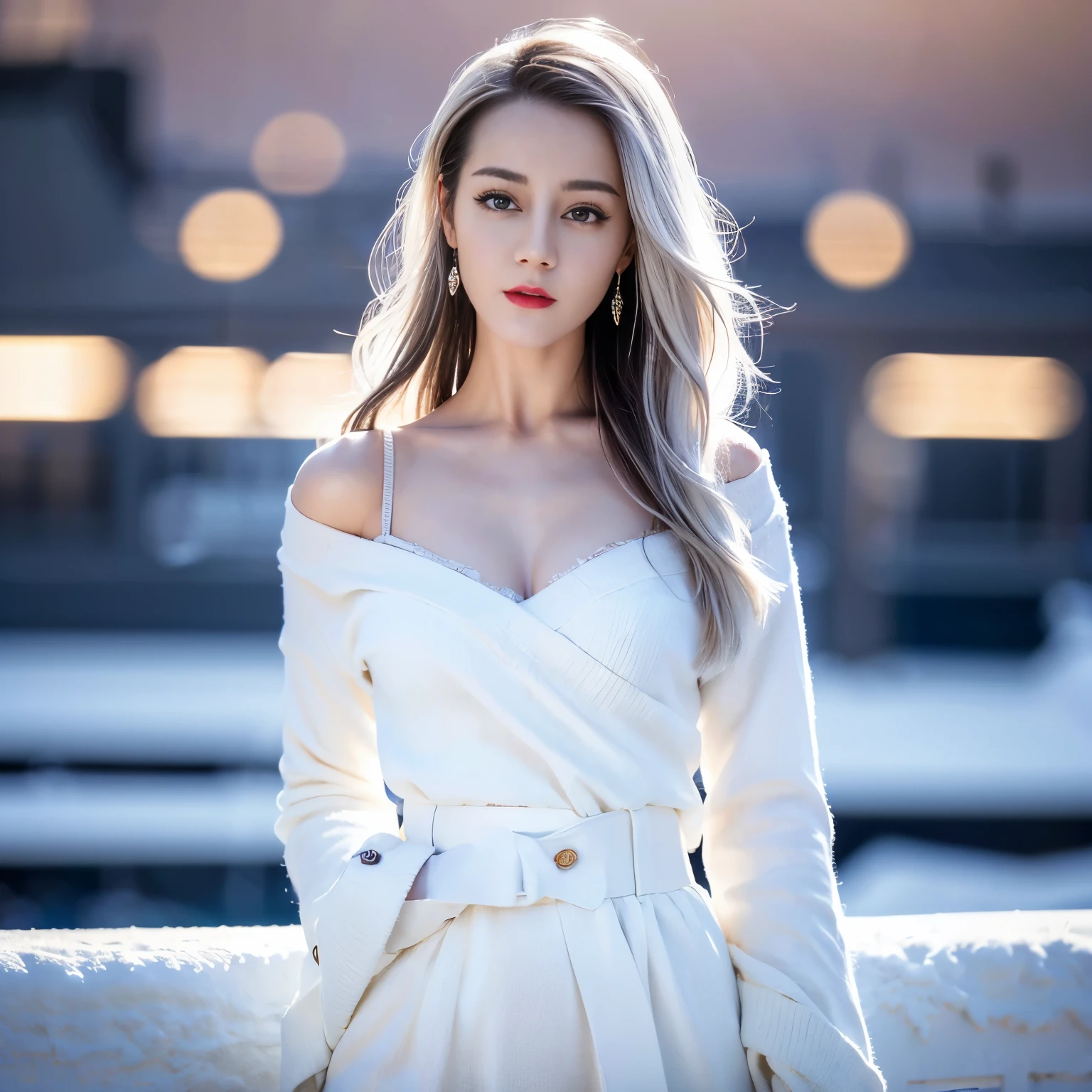 ((top quality、8k、Masterpiece:1.3))、Extremely delicate and beautiful girl,full-body shot,huge breasts,bigger breasts,amazing breast size,G cup,Half of the breasts are exposed。Wear big earrings,Very white skin,moist red lips,Waist is very thin,Thighs are very thin,big butt,fair and smooth skin,Smooth and fair skin,flawless skin,Fair and shiny skin,cold white skin,The camera focuses on the chest,Bright light,white sweater,Lower body exposed,white hair,White hair,heavy snow,snow mountain,sunset,lake