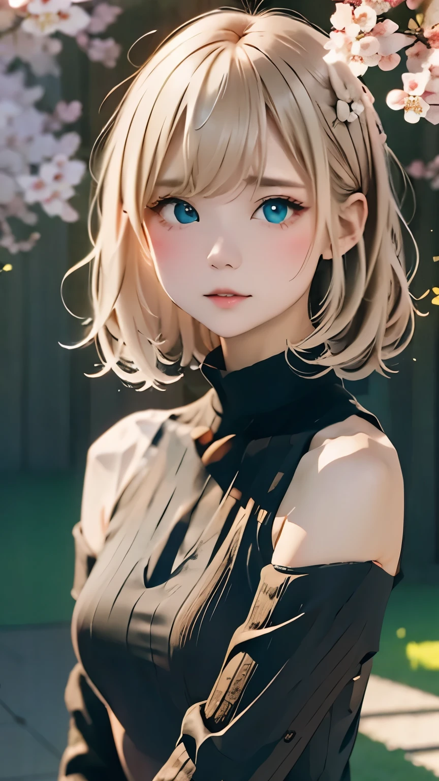 one girl、Characteristic hairstyle、blonde hair、(((An ennui look)))、small eyes、plump lips、(((１６talent)))、(knit dress、black tight dress:1.5)、outdoor、midsummer sunshine、summer park、cherry blossoms、Someiyoshino cherry blossoms、highest quality、ultra high resolution、Super detailed、masterpiece:1.5、８ｋ、movie section、perfect anatomy、cinematic lighting、50ｍｍPhotographed with a lens、professional photographer、