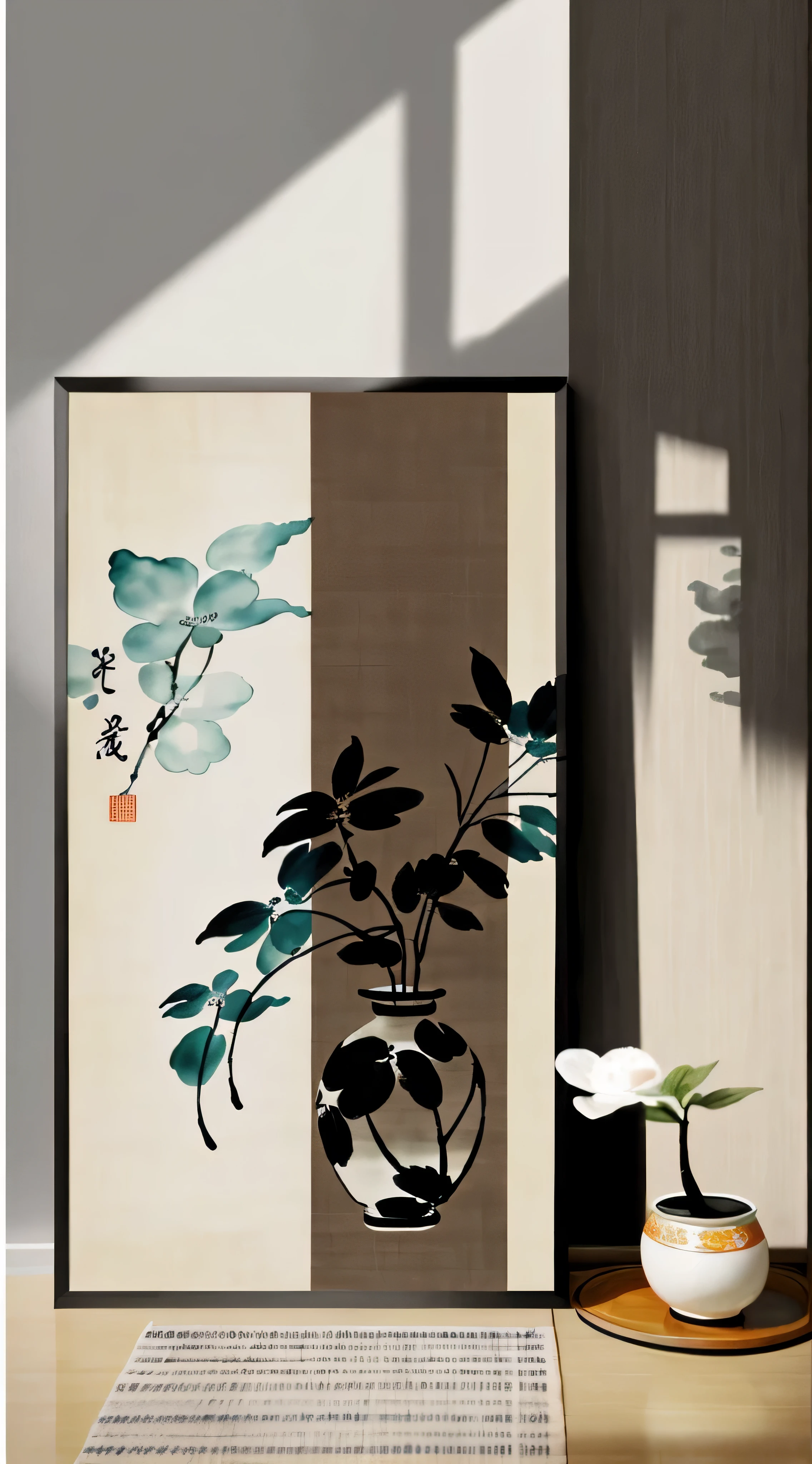 there is a picture of a vase with a plant in it, chinese painting style, inspired by Emperor Huizong of Song, hanging scroll on wall, with ancient chinese aesthetic, chinese style painting, chinese art, Hungry Ghost Festival, chinese style, inspired by Xiao Yuncong, chinese ink painting, traditional chinese ink painting, japanese inspired poster