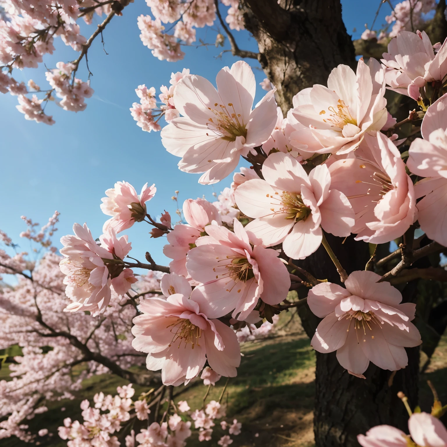 realistic,high quality,falling cherry blossom petals,soft sunlight,Warm weather,tree close-up
