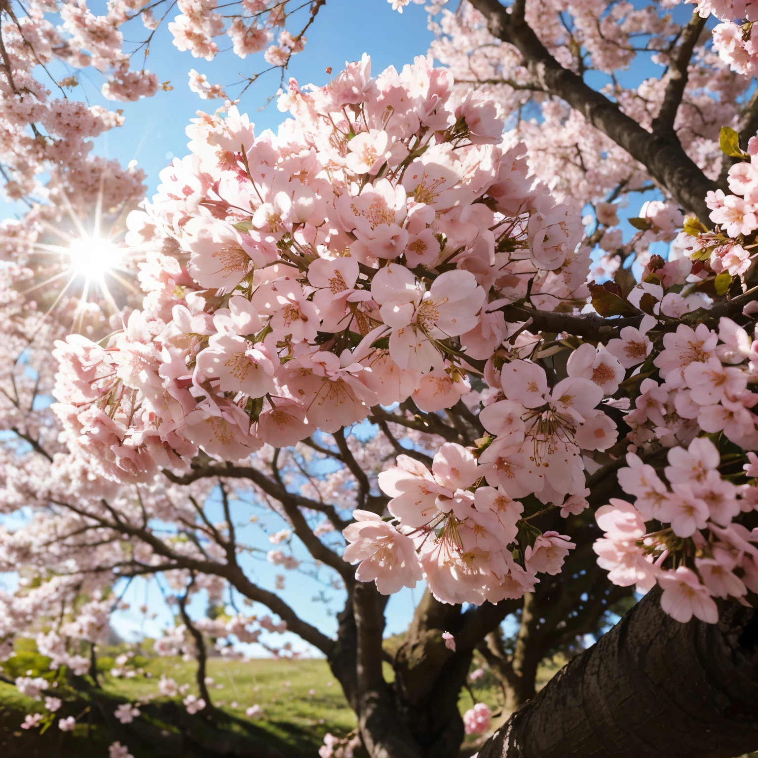 realistic,high quality,falling cherry blossom petals,soft sunlight,Warm weather,tree close-up