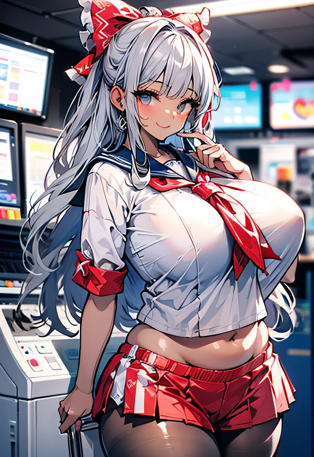 Erotic Anime Illustration、High resolution、Plump dark-skinned high school girl playing at the game center、sailor suit、gray hair、perfect proportions、sexy smile、reimu hakurei、Overwhelming big breasts that go beyond common sense、thick legs with fat、cowboy shot