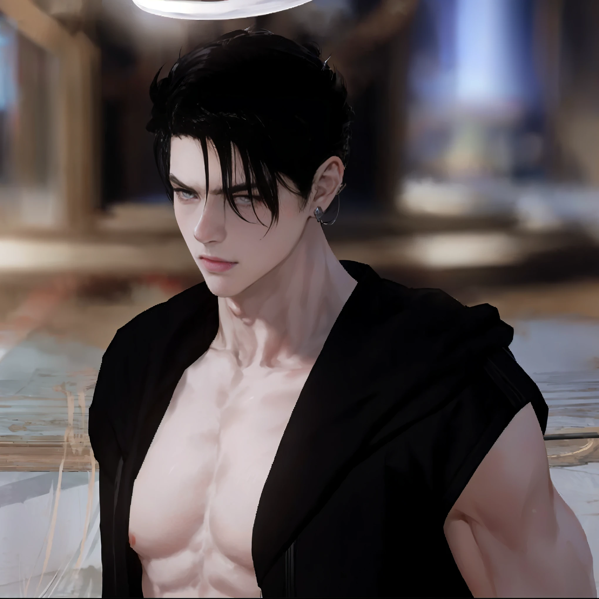 il y a un homme avec une chemise noire et un chapeau blanc, en tant que personnage de tekken, fit male demon with white horns, personnage masculin, beau dieu masculin de la mort, handsome japanese demon boy, Male vampire of clan banu haqim, Human male demon, white skin and pale porcelain, handsome Male vampire, Male vampire, Sneaky evil male