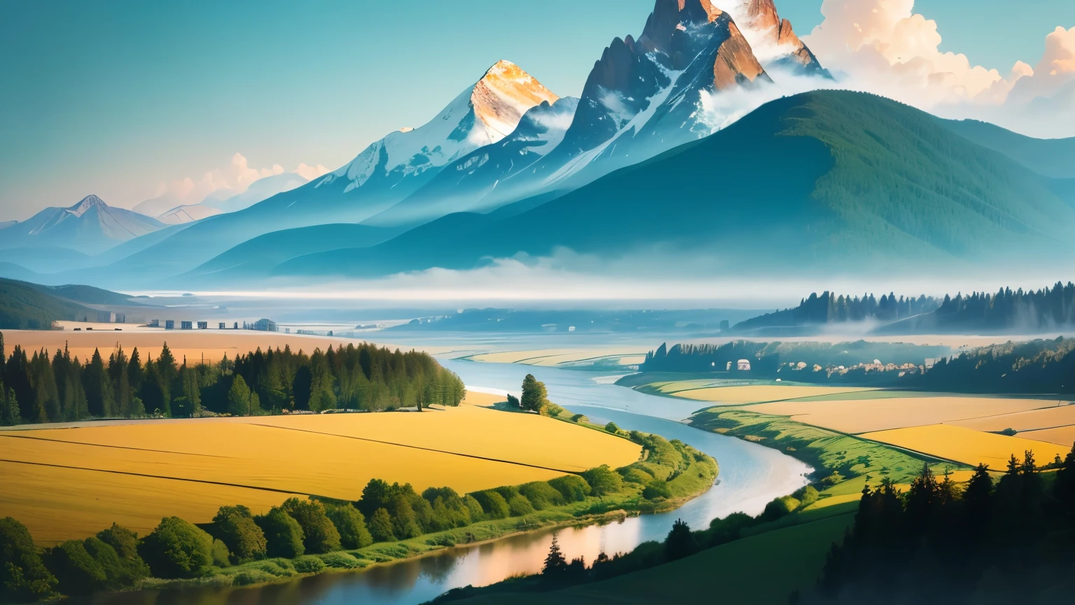mountain beautiful farmland river 8k, haze, ultra-detailed, film photography, light leaks, trending on artstation, sharp focus desktop wallpaper size