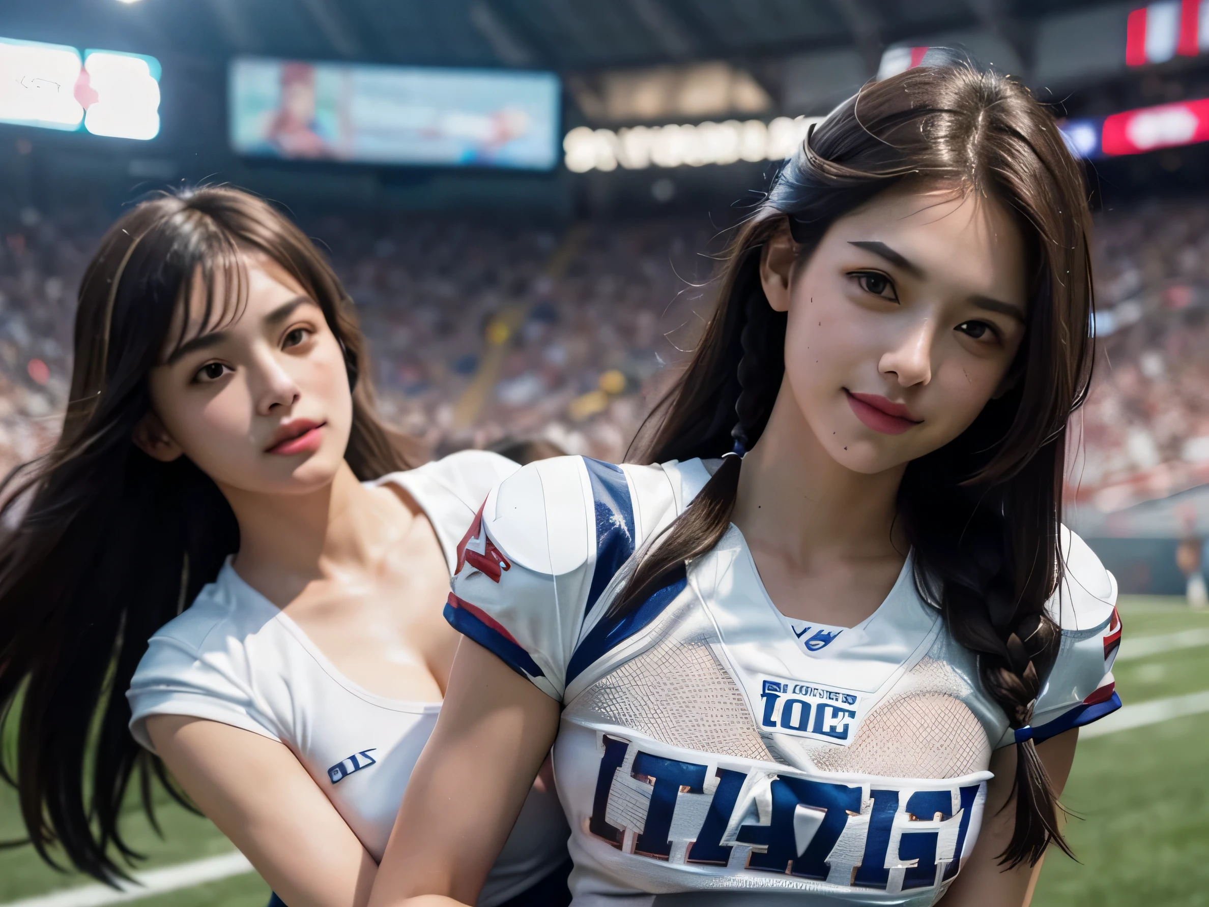 (8k, raw photos, Highest quality, Masterpiece: 1.2), Masterpiece, detailsสุดยอด, Ultra-high decay energy A, (Realistic and realistic photos: 1.37), High-resolution RAW color photography, Very delicate and beautiful., About Igre, 8k Wallpaper, Surprisingly, details, ดวงตาที่มีdetailsมาก, ผิวที่มีdetailsสูง, นิ้วที่มีdetailsมาก, จมูกที่มีdetailsสูง, ปากที่มีdetailsสูง, perfect anatomy,1 girl comes in, (Sexy American football outfit), short skirt,big, full breasts,Has a slender appearance,Tight buttocks,tights,Keep someone's mouth shut.、smile happily、long hair、pigtail、Big eyes、Prominent double eyelids、eyelash、long neck、absolute space、clean collarbone、perfect face、Thin mouth、small face、(Gazing towards the viewer、Highlights in the eyes、light brown eyes、Shiny on the lips) , (american football field:1.4) decorations, cute smile,short hair, alone, 18 years old、Placing Gravure Idol, perfect light,dynamic uncle, (Intense tackles:1.6),american football game,