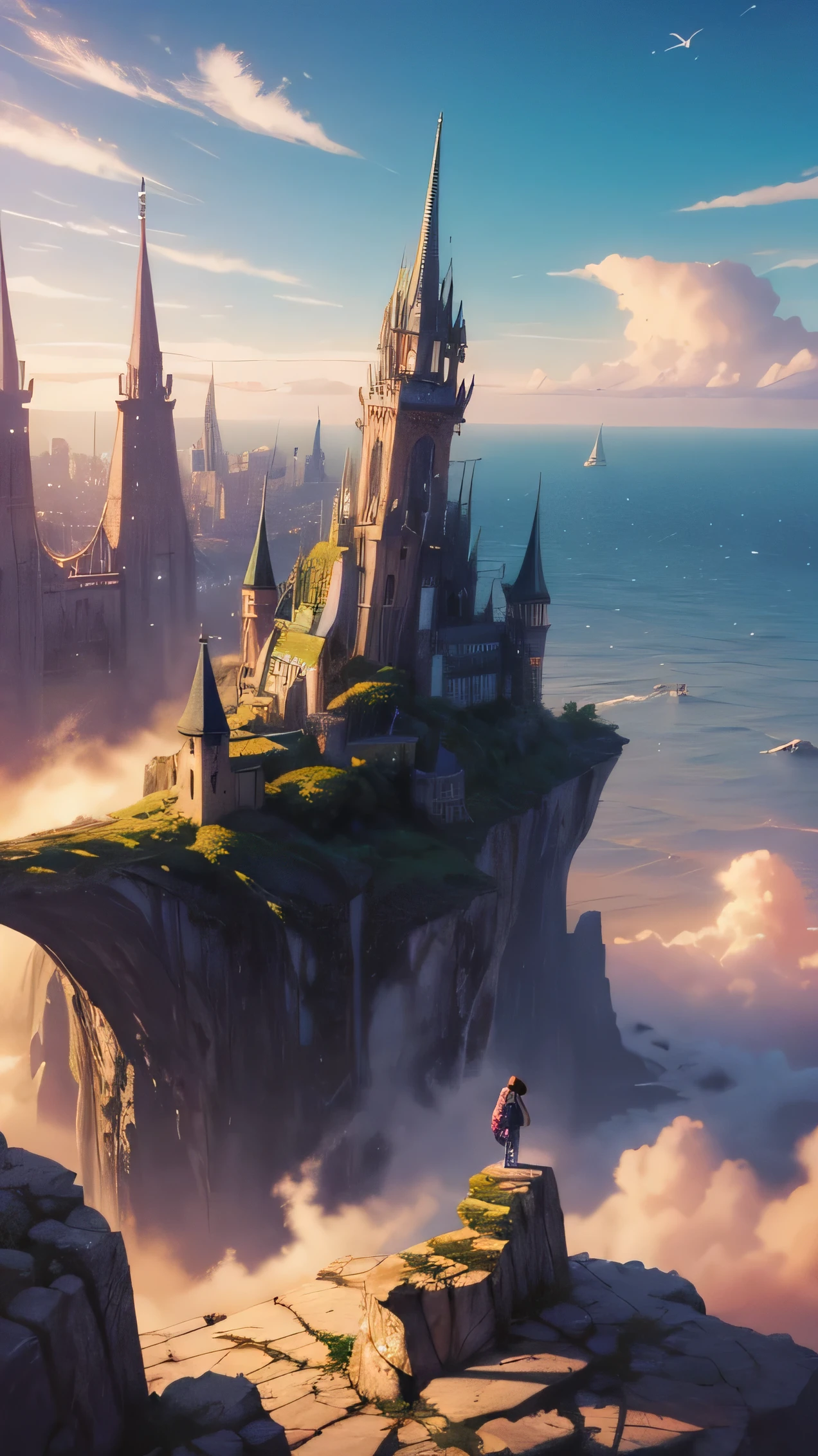 makoto shinkai cyril rolando, anime art wallpaper 4k, anime art wallpaper 4k, anime art wallpaper 8k, Sounds influenced by Cyril Roland, awesome wallpaper, by Yuumei，magic、Sea、huge city、fantasy、wizard