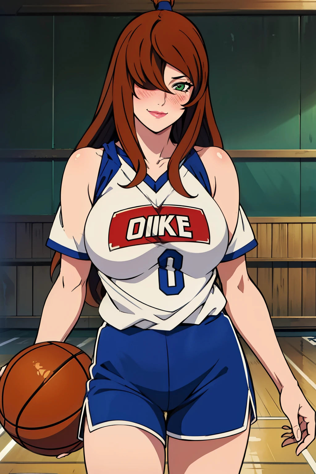 basketball shirt, basketball short pants, basketball court background, mei terumi, takeda hiromitsu style, anime cels style, best quality, high resolution, (large breasts:1.5), cowboy shot, blush, light smile, long hair, brown hair, green eyes, ((hair over one eye)), red lipstick