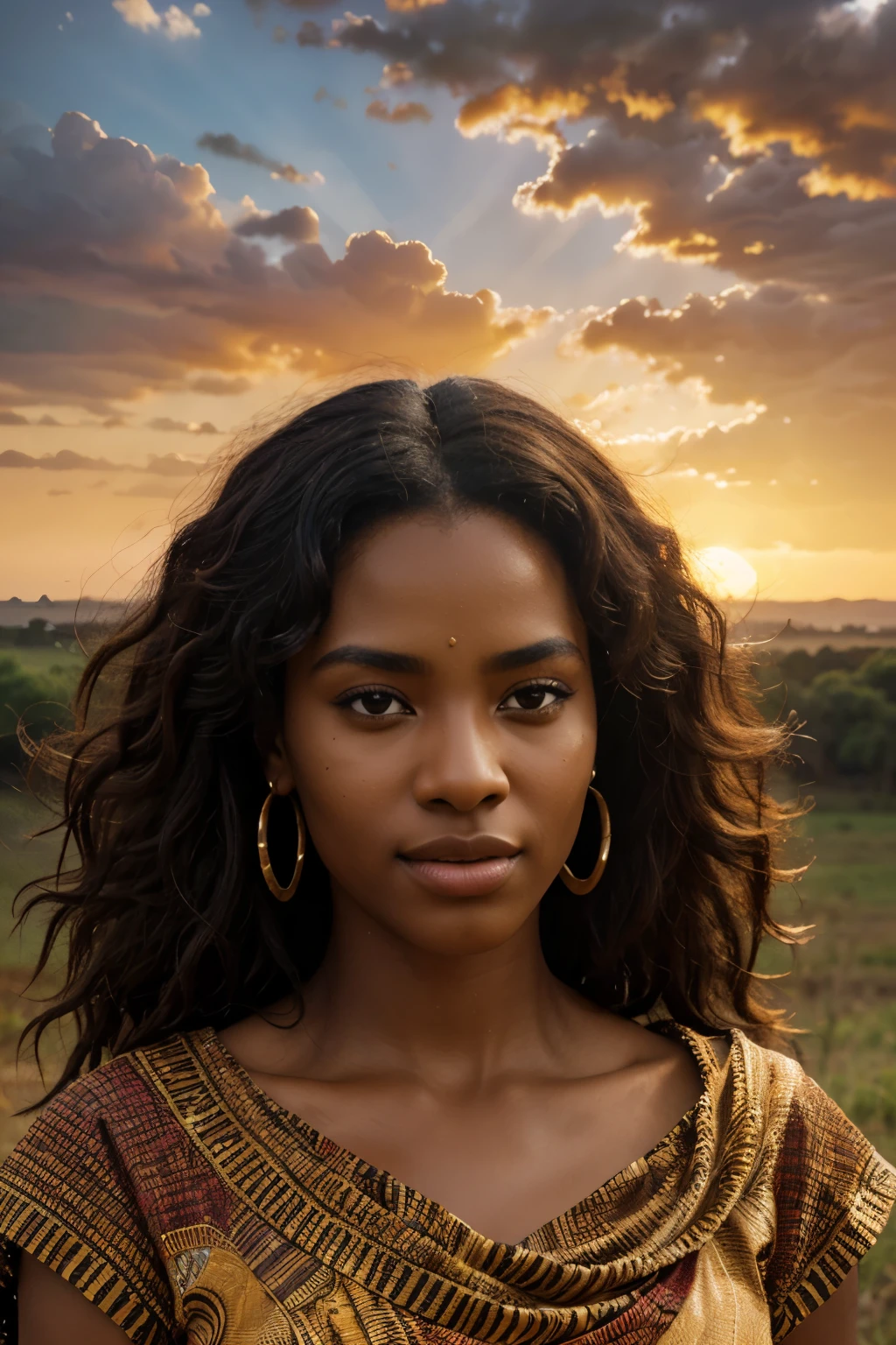 Massai Mara, black african woman, handsome, fit boy, detailed expressive eyes, detailed lips, extremely detailed faces, curly hair, traditional garments, vibrant colors, natural lighting, breathtaking landscapes, wildlife encounters, mesmerizing sunset, vivid sunset colors, dramatic clouds, joyous atmosphere, playful interaction, dynamic poses, dramatic composition, stunning horizon, warm golden tones, high-resolution (4k,8k) images, realistic texture, professional-grade photos, fine art painting, concept artists, cinematic quality, vibrant and energetic, ethereal and dreamlike, visually striking, ultra-detailed illustration, photorealistic portrayal.