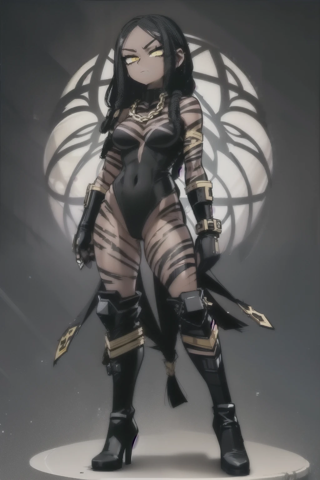 (((My Hero Academia Style))), villainess, 1girl, female, tigress woman in black leotard, black thigh-high boots, bicep-length black gloves, tiger tail, (((dark-skinned woman))), (((Dreadlocks))), ((((full body photo: 1.5)))), (((yellow feline eyes))), ((Small Breast)), ((wide hips)), ((wide thighs)),