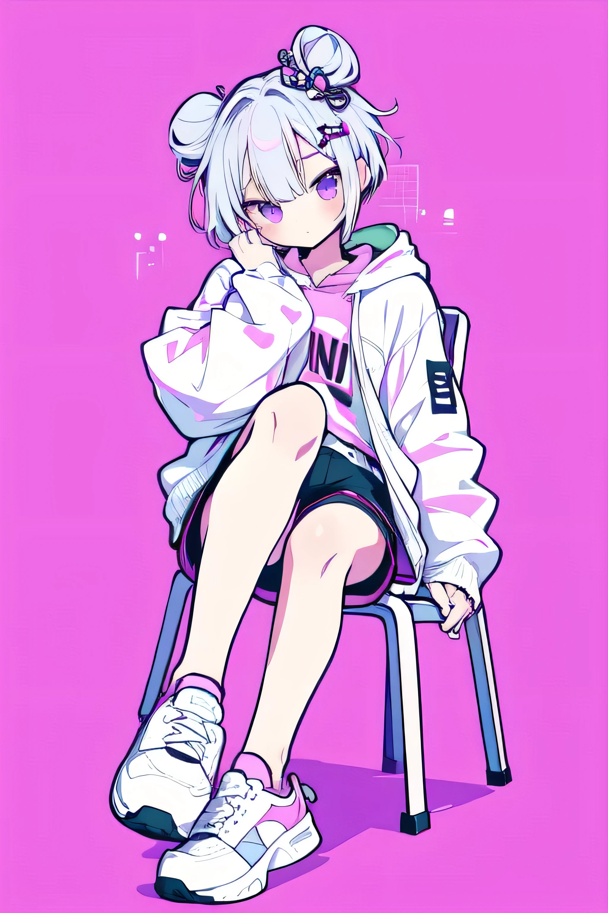 1 girl, alone, short hair, two bun hair, shorts, sitting in a chair, white background, Jacket, shoes下, shoes, looking at the viewer, head tilt, sneakers,simple background, full body, white shoes下, belt, pink Jacket, gray hair, nail, shirt, purple eyes, 白いshoes, hair ornaments, closed mouth,long sleeve, nail polish, hoodie,