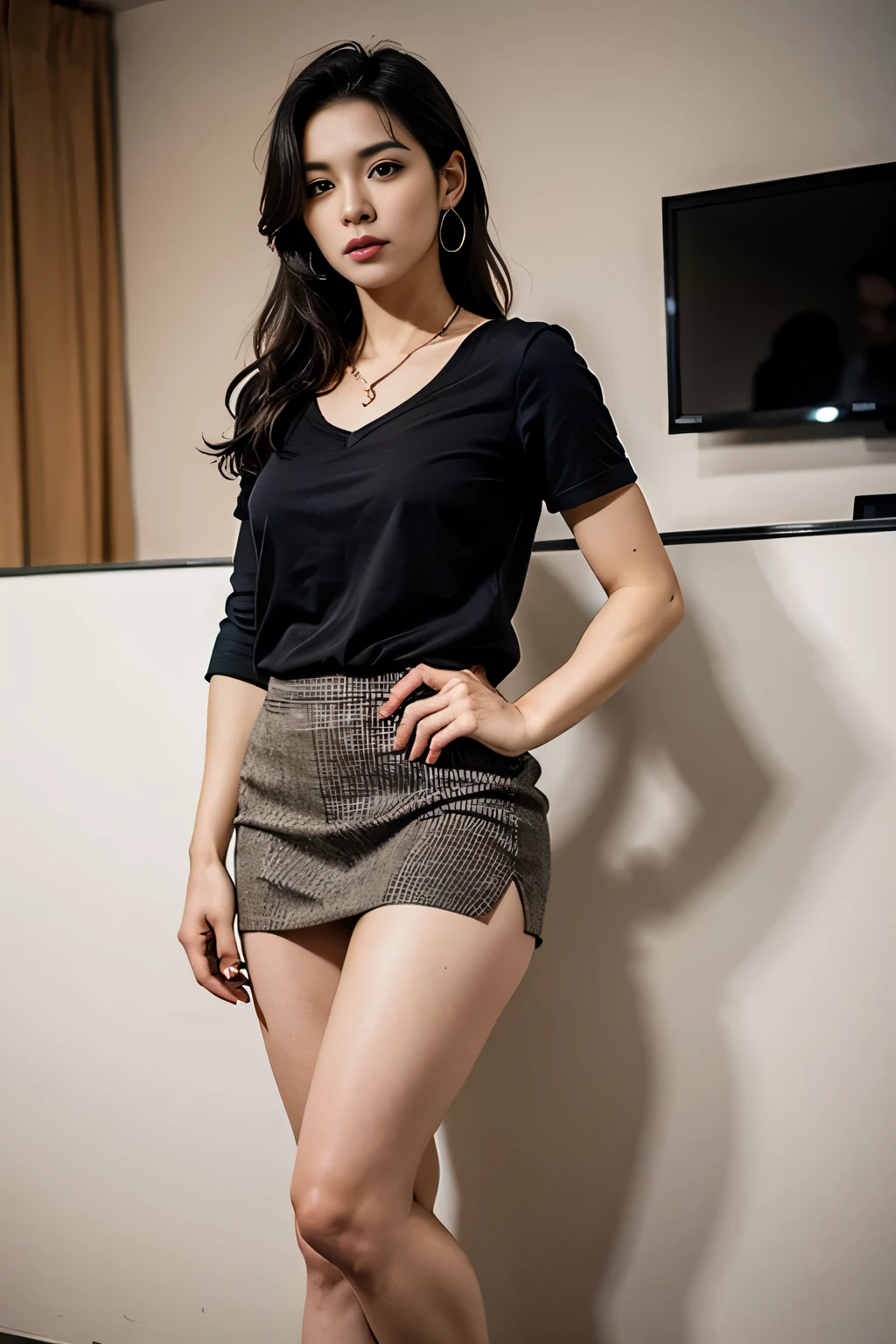 (masterpiece:1.3), (8 thousand, realistic, RAW photos, best quality: 1.4), (1 woman), (full body shot), (Standing attractively like a model), (very sexy), (Beautiful makeover), (유난히 beautiful face), (Build a firm and beautiful body through exercise) , (beautiful face), (beautiful face), (long eyelashes), (double eyelid), (big bust) , (Beautiful heaps), (realistic 아름다운 다리), (realistic face), (black hair. parted, long hair:1.3), 아름다운 parted스타일, realistic eyes, (really beautiful and delicate eyes), (realistic skin), (beautiful skin), (Thin blouse), (short skirt), (perfect secretary outfit), (realistic 팬티스타킹), (absurd), (attractive), (ultra high resolution), (extremely realistic), (very detailed), (golden ratio), (realistic 스타킹), (realistic 스타킹 다리가 정말 예쁘고 예뻐요..), (realistic 긴 다리), (realistic 팔), (small size feet), (high heel), (necklace), (earring),(beautiful nails manicure), (So beautiful and sexy)