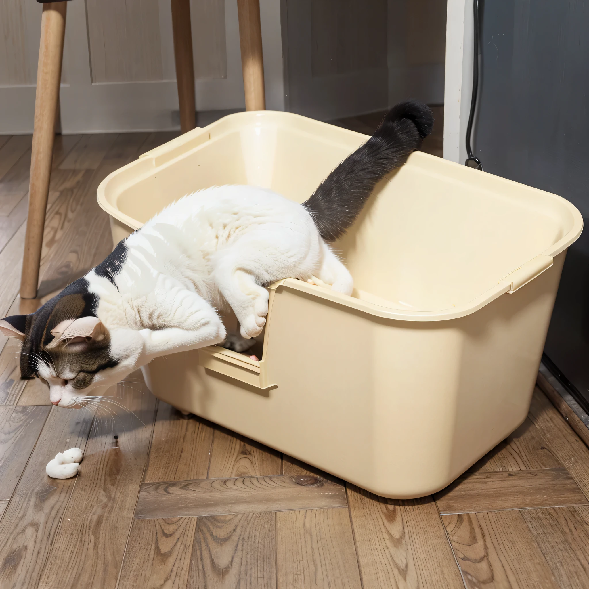 Japanese decoration style，Original wood color floor，Warm scene，environment，a cat从垃圾箱里出来，pet animals, , [ Realistic photos ]!!, Handsome, a cat, a Handsome, the photo shows A big one, A big one, beast, Very fashionable, there is nothing, Very, bottom corner, funny cat，extremely real scene，Super realistic light and shadow