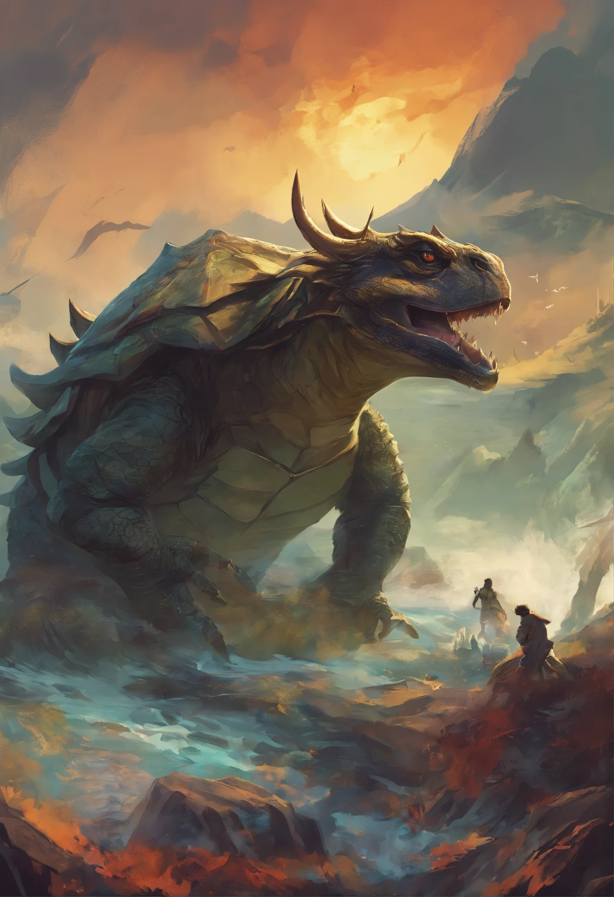 Dragon turtle,huge, heavy tortoise shell,Body reddish,Has the characteristics of a dragon,There are spikes on the turtle shell,Dragon has horns,Carrying a palace on his back,rough sea,Swim fast,swim to the distance,Already traveled a long way