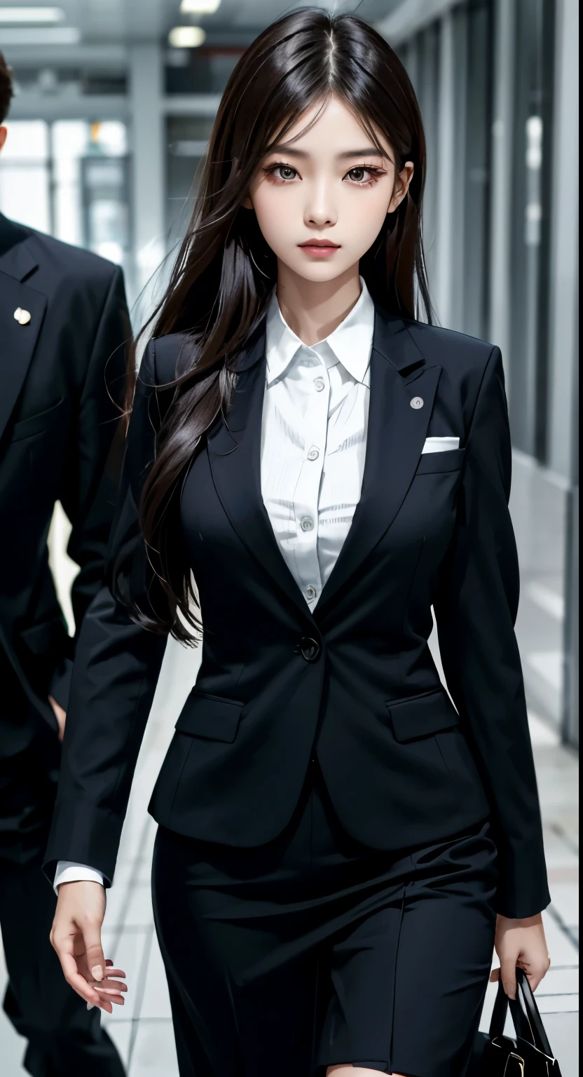 chinese woman in a black skirt and white shirt and a purse, wearing black business suit, wearing business suit, girl in suit, girl in a suit, wearing a business suit, wearing a strict business suit, wearing a black noble suit, in a business suit, with a business suit on, black business suit, wearing black suit, woman in black business suit