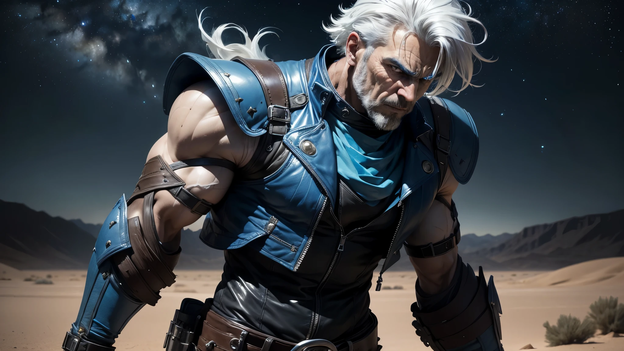 good quality, ultra high resolution,masterpiece, 8K,(reality,detail)dark night sky,background desert,One wearing a blue leather vest,white hair,He had bandages around his arms,Blue leather pants,silver boots,The expression is fierce,Burly man,whole body effect((from head to foot))