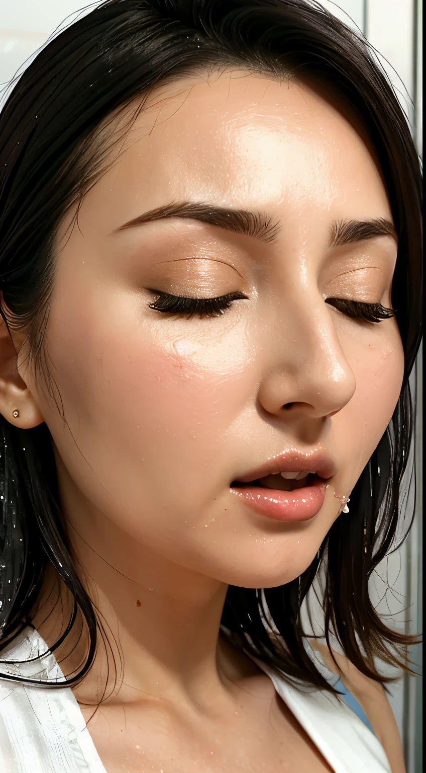 beautiful japanese actress、1 girl,debris flies,,Award-winning photo, very detailed,face focus, double big eyes(woman with open mouth and closed eyes ), 30 years old、black hair、shiny skin、(((close up of face)))、realistic nostrils、elongated nasal cavity,、inside the toilet、(On the floor of a public toilet)、squat、((white turtleneck sleeveless dress))、big breasts、(sharp nose)frown 表現:1.4,,facial expression,frown,please raise your head、Skin shiny with sweat,oily facial skin,bite your mouth,tied hair,wearing a tank top,Bring your nose closer to the camera,((open your mouth wide and try to receive something))looking at the viewer, (((wet filter))),((close your face)),(((Close-up of the nose)))