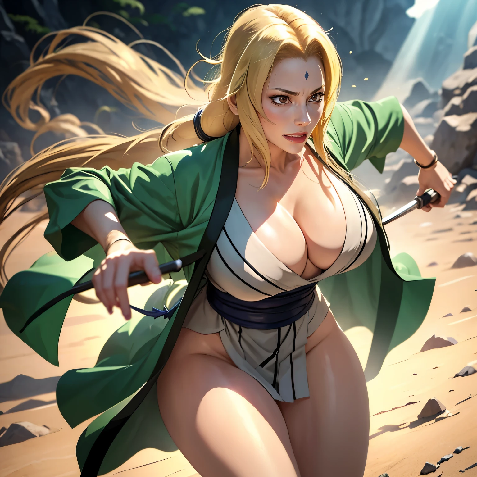 Tsunade, a powerful and experienced shinobi, stands tall with an air of confidence. Her striking features include captivating blue eyes that shimmer with determination and long, luscious golden hair cascading down her back. She possesses a well-toned physique that accentuates her strength, showcasing her expertise in combat. Tsunade wears her iconic green robe, adorned with the symbol of her village, symbolizing her dedication to protecting those she holds dear. As the sun's gentle rays touch her face, her serene expression reflects the wisdom and resilience that lie within her. In her hands, she holds a scroll, signifying her profound knowledge and mastery of various jutsu techniques. Tsunade's presence exudes a powerful aura that commands respect