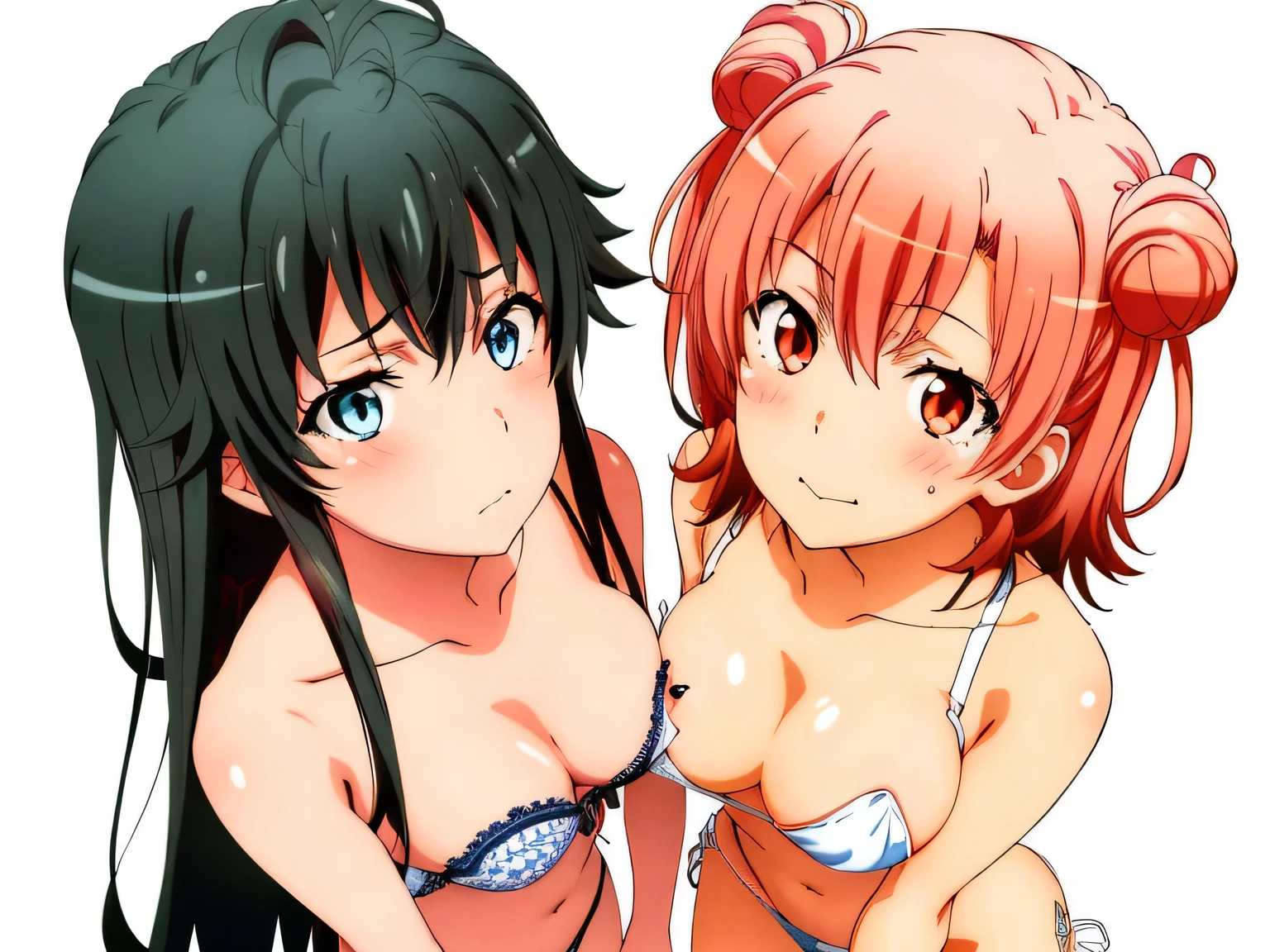 ((2 girls ), ((yuigahama yui is bust and ヒップライン are great)),((Yukinoshita Yukino)),downtown at night,In underwear,leaning forward,front of body,they have their hands behind their backs,(Bra with nipple bulge line),Shiny bra,belly button,,(Light pink lace panties:1.0),(white panties:1.0),Ribbon on panties,pussy line,(thighs),,((high angle:1.0)),(beautiful eyes),look at the camera,blush,troubled face,Insert your head