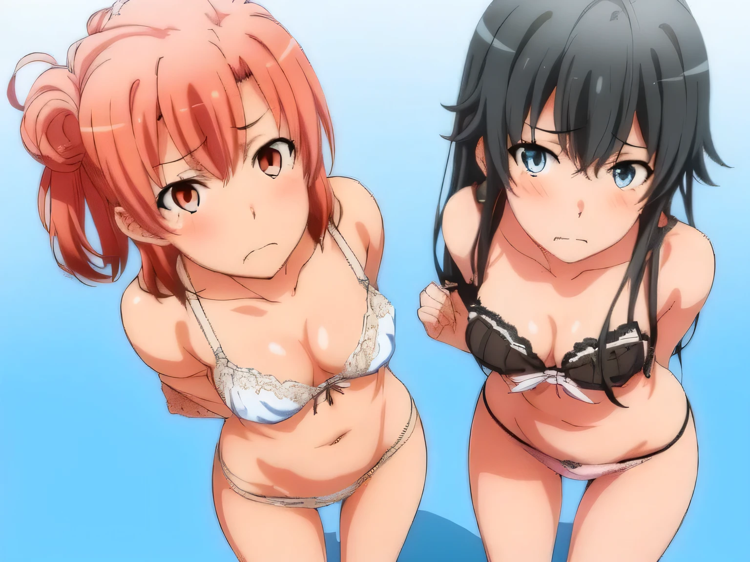 ((2 girls ), ((yuigahama yui is bust and ヒップライン are great)),((Yukinoshita Yukino)),downtown at night,In underwear,leaning forward,front of body,they have their hands behind their backs,(Bra with nipple bulge line),Shiny bra,belly button,,(Light pink lace panties:1.0),(white panties:1.0),Ribbon on panties,pussy line,(thighs),,((high angle:1.0)),(beautiful eyes),look at the camera,blush,troubled face,Insert your head