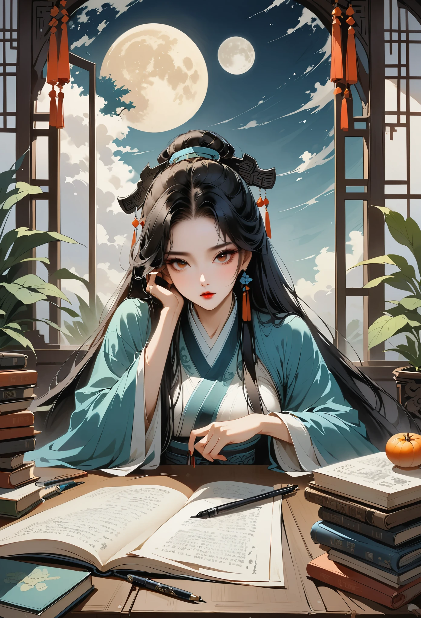 The beauty of Song Dynasty China，There is a table in front of her，There is a cat under the table。There was a stack of books on the table，Pen, ink and paper，：1.2，advanced，large windows，many plants，There is a moon at night