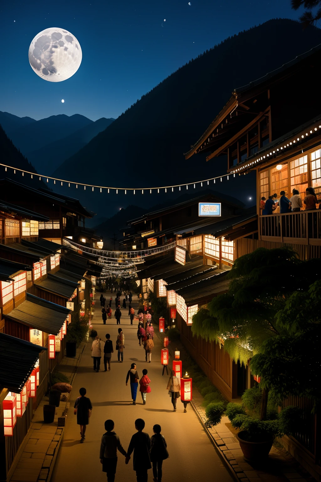 The Miao village in the mountains is brightly lit with lanterns, festival, moon and night scene with people and bustle