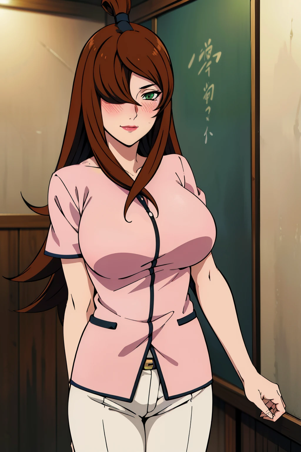 doctor suit, white short pants, medical room background, mei terumi, takeda hiromitsu style, anime cels style, best quality, high resolution, (large breasts:1.5), cowboy shot, blush, light smile, long hair, brown hair, green eyes, ((hair over one eye)), red lipstick