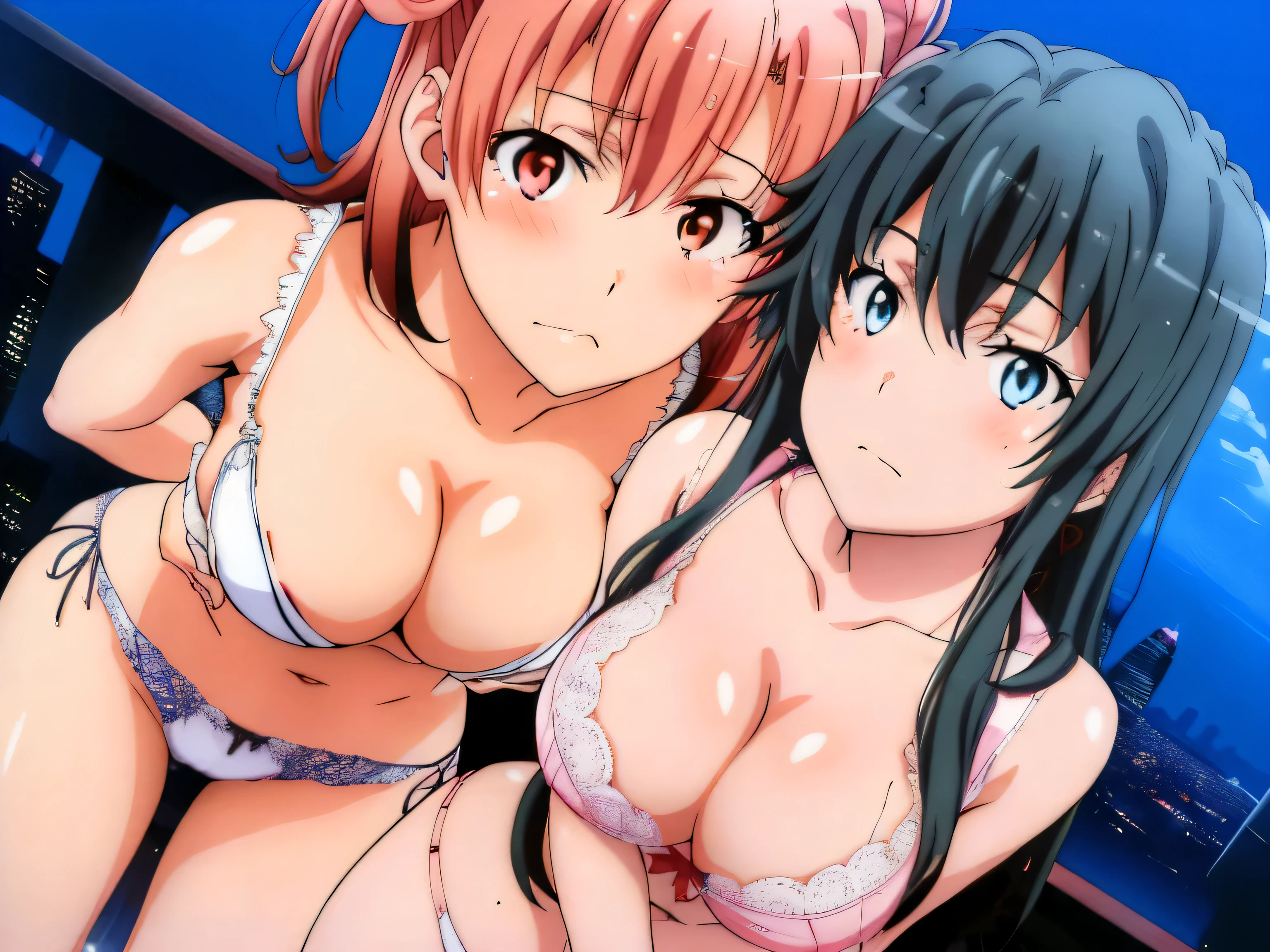 ((2 girls ), ((yuigahama yui is bust and ヒップライン are great)),((Yukinoshita Yukino)),downtown at night,In underwear,leaning forward,front of body,they have their hands behind their backs,(Bra with nipple bulge line),Shiny bra,belly button,,(Light pink lace panties:1.0),(white panties:1.0),Ribbon on panties,pussy line,(thighs),,((high angle:1.0)),(beautiful eyes),look at the camera,blush,troubled face,Insert your head