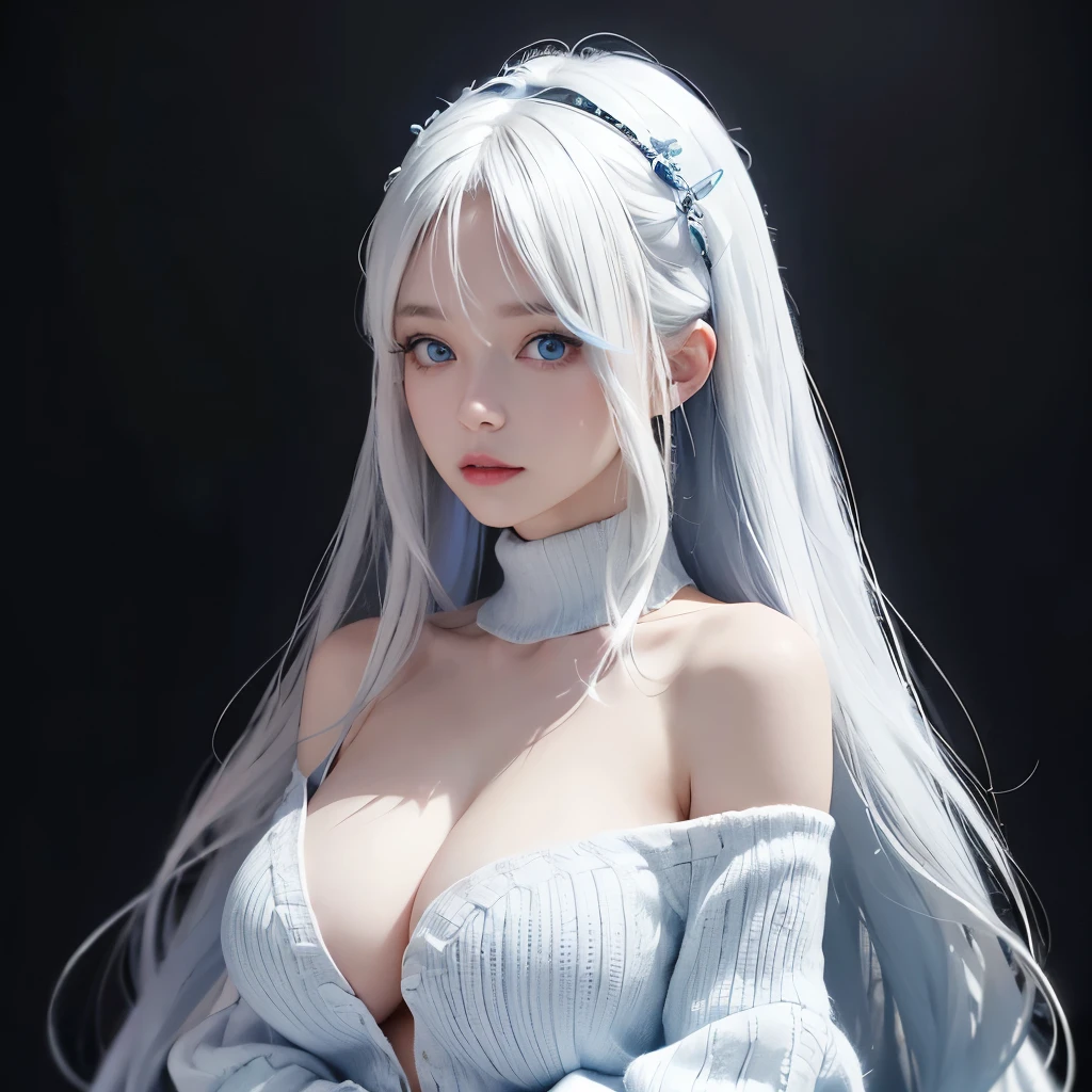long white hair、blue eyes、cool woman、wear off-shoulder knits、can'I can't take a photo because my hands are down...、breast enhancement、black background、It has a blue light、beautiful work