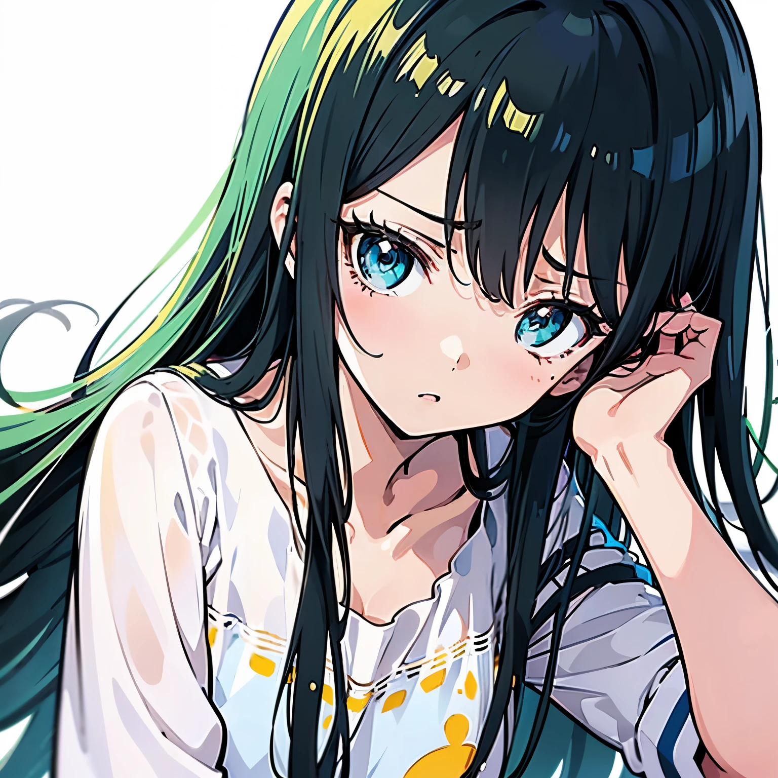 onry one girl, young girl, best quality, ultra-detailed, , long hair, black hair, shiny hair, deep green-eyed girl anime, sleepy eyes, faint lips, displeased look, ((Seems timid,)) flat anime-style shading, vector-shaded anime, cute natural anime face, subtle anime style, cute anime face.