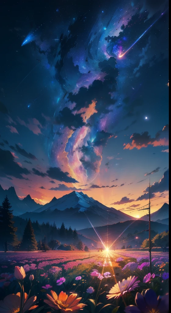 wide々landscape photography, (A view from below of the sky and the wilderness below),  standing in a flower field and looking up, (full moon: 1.2), (shooting star: 0.9), (nebula: 1.3), distant mountain, tree break production art, (warm light source: 1.2), (fire Fly: 1.2), lamp, purple and orange, intricate details, Volume lighting BREAK (masterpiece: 1.2), (highest quality ), 4k, Super detailed, (moving composition: 1.4), Highly detailed and colorful details (iridescent: 1.2), (shining lighting, atmosphere lighting), dream-like, Magic, (alone: 1.2)