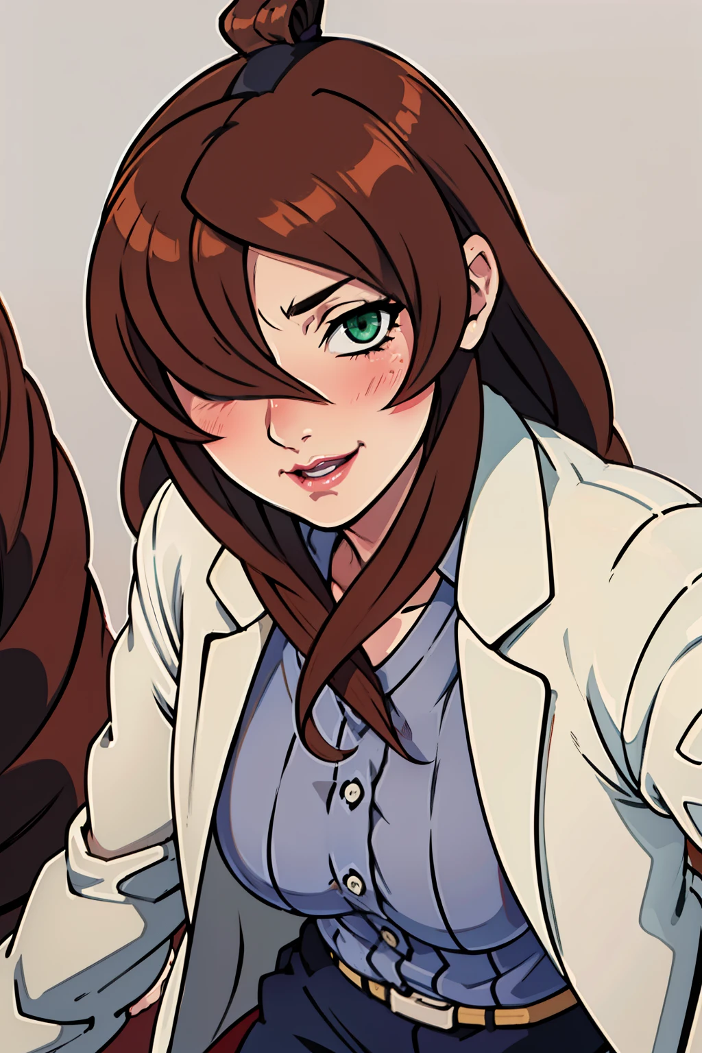 white formal shirt, lab coat, white short pants, medical room background, mei terumi, takeda hiromitsu style, anime cels style, best quality, high resolution, (large breasts:1.5), cowboy shot, blush, light smile, long hair, brown hair, green eyes, ((hair over one eye)), red lipstick