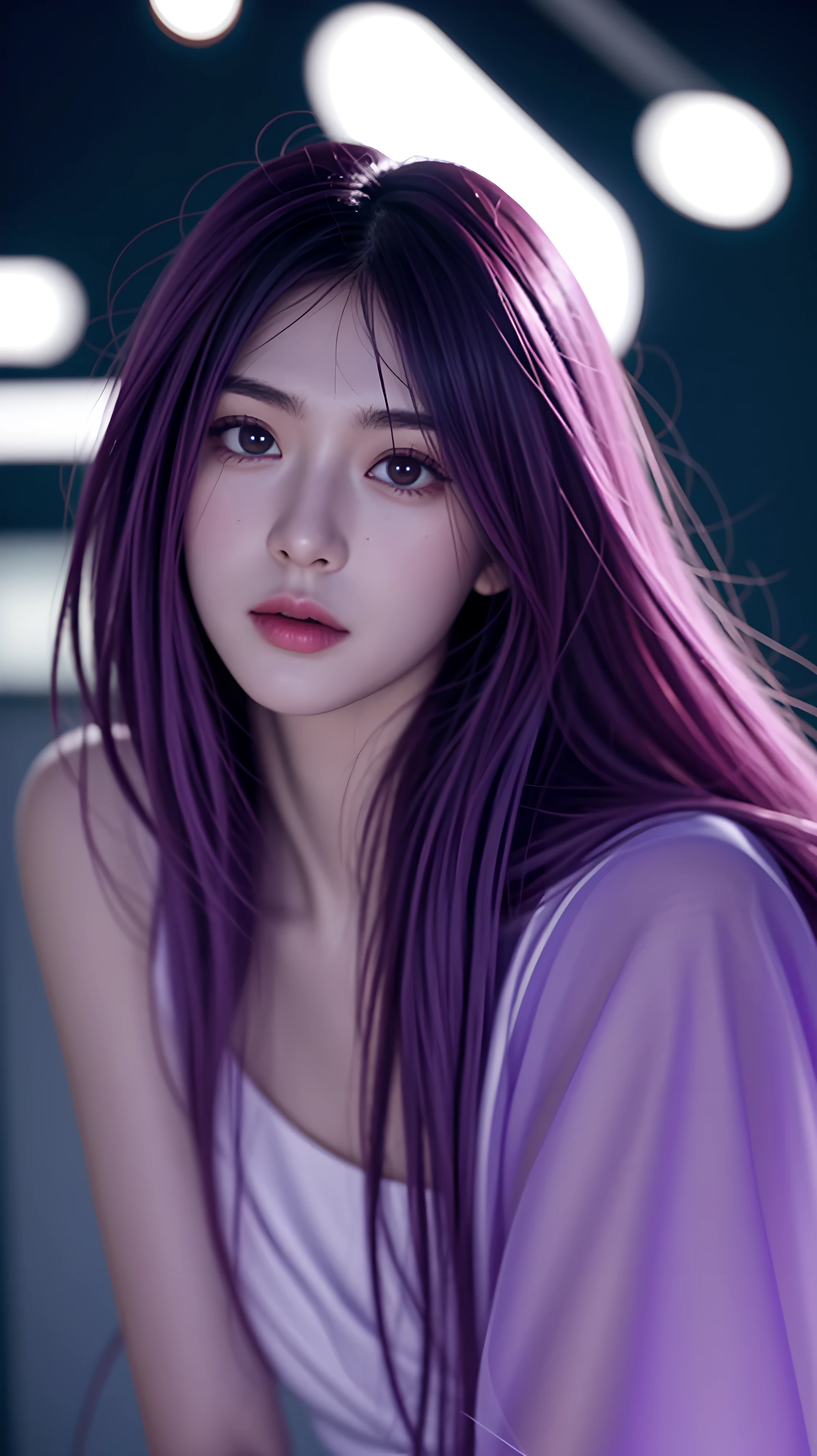 （tmasterpiece、best qualtiy、A high resolution），white backgrounid，Acrylic paints，（（Color mixing，Splash ink、Color mixing）），Sweet Chinese girl，long light purple hair，[light violet|Pink big breasts]the hair，curlies，glitters，Pink lips，white  skirt，frontage，The upper part of the body，The character is centered，Does not obscure characters，