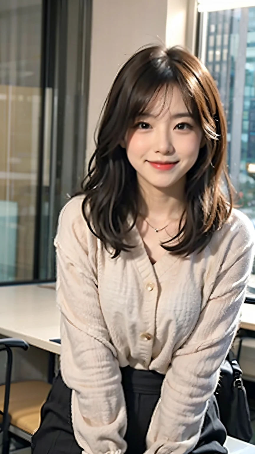 1 girl,realistic,beautiful japanese girl, office,office,shy smile,night,shortcut