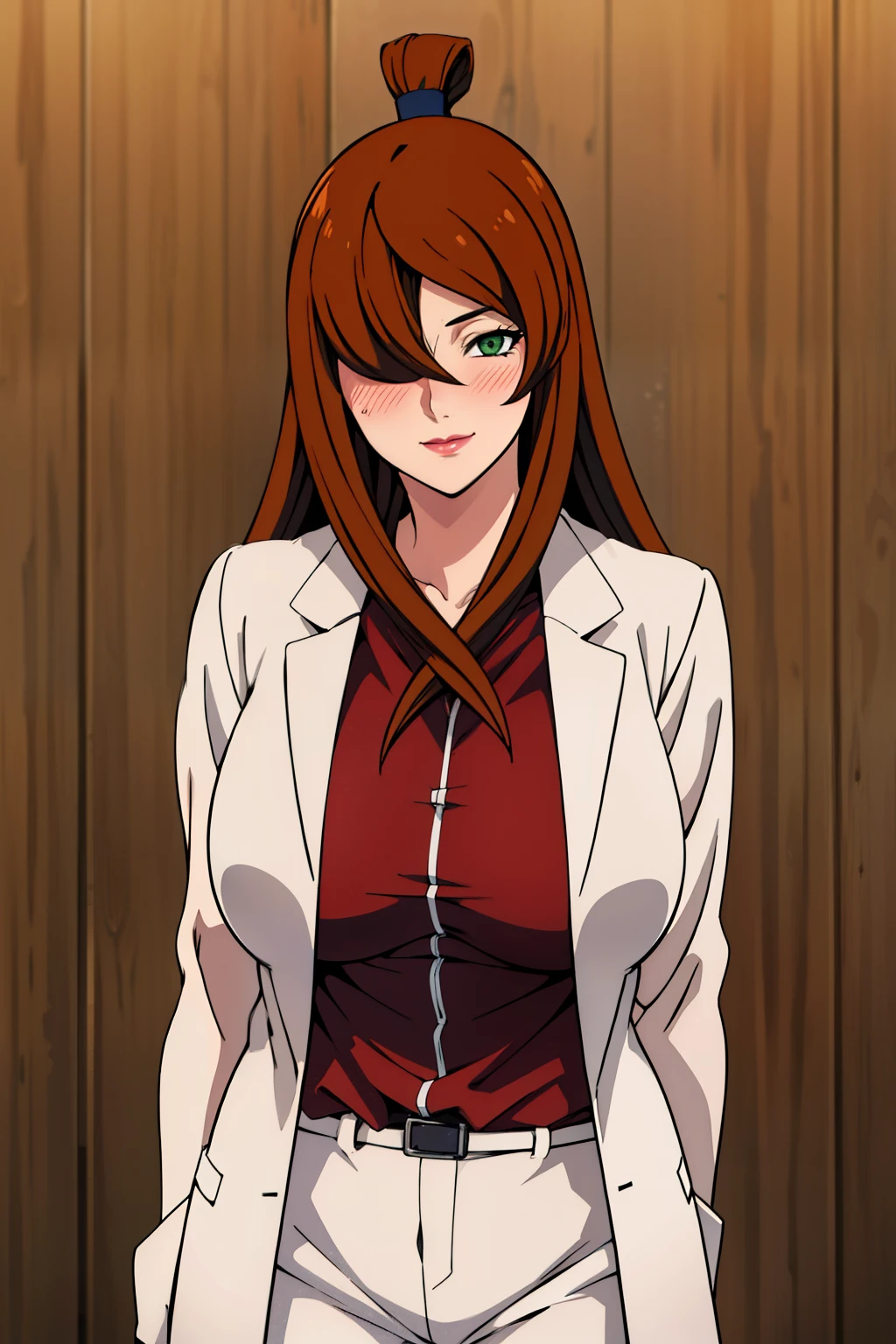 white formal shirt, lab coat, white short pants, medical room background, mei terumi, takeda hiromitsu style, anime cels style, best quality, high resolution, (large breasts:1.5), cowboy shot, blush, light smile, long hair, brown hair, green eyes, ((hair over one eye)), red lipstick