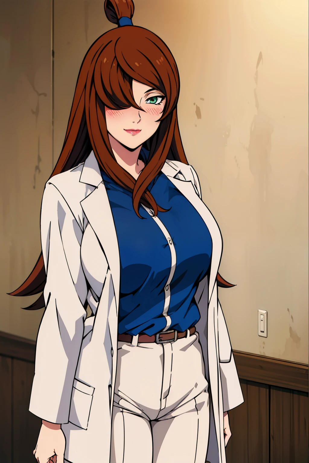 white formal shirt, lab coat, white short pants, medical room background, mei terumi, takeda hiromitsu style, anime cels style, best quality, high resolution, (large breasts:1.5), cowboy shot, blush, light smile, long hair, brown hair, green eyes, ((hair over one eye)), red lipstick