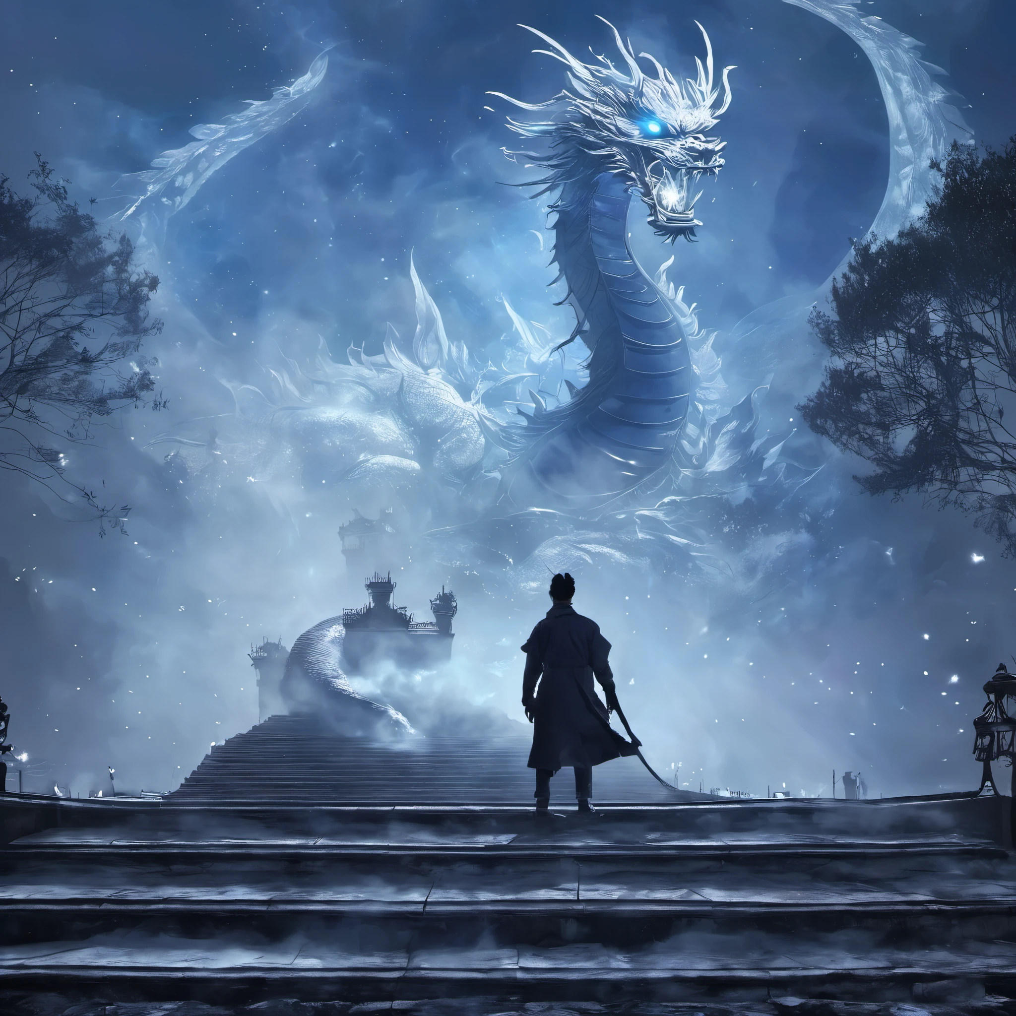 The cultivator stands on the steps of the Crystal Palace，Spread your hands toward the screen，Behind him is the shadow of a huge dragon rising into the sky.，Surrounded by drifting mist and mysterious aura，In the background are magnificent palaces and bright stars，Create an otherworldly and mysterious world of cultivating immortals。
