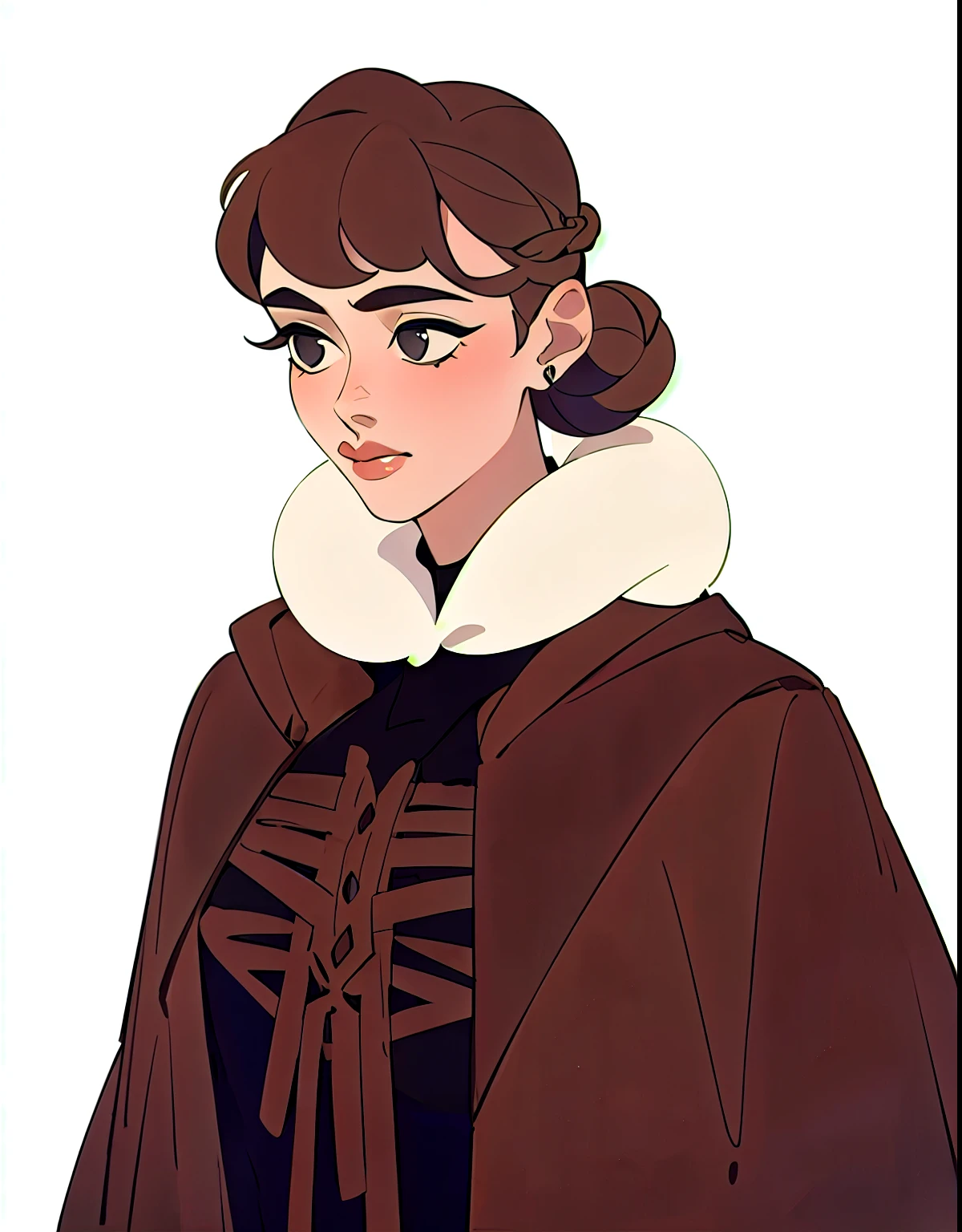 masterpiece, Best quality),1 girl with dark brown hair in a bun, in a dark brown fur coat, Hood