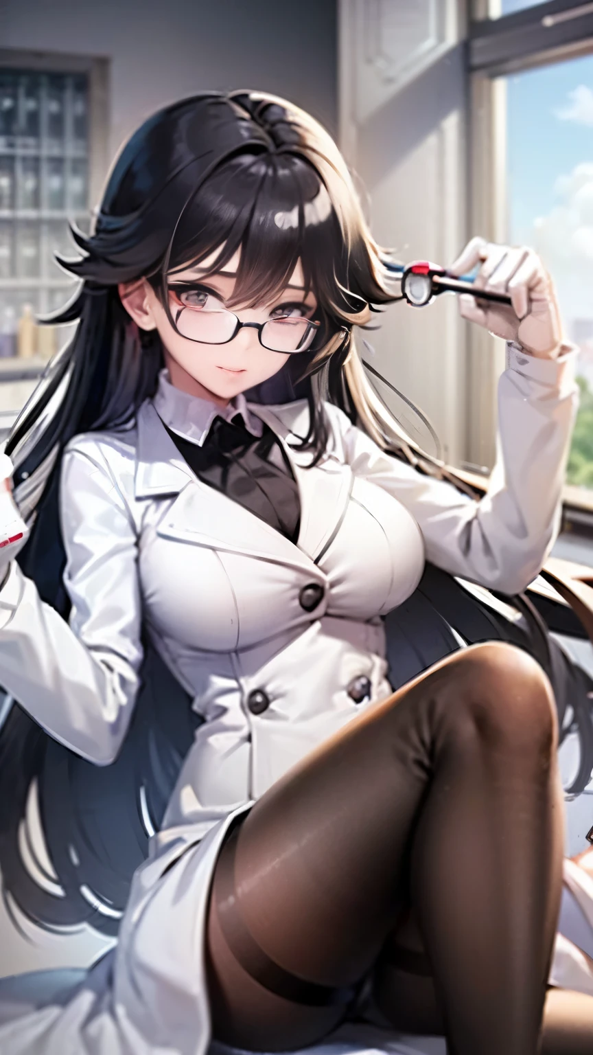 (((Mad Matt Scientist)))、(((Half-taken white coat)))、(((glasses)))、(((Crotights)))、Shiny bloodshot eyes、big breasts、big breasts、(((black hair medium long)))、center division、((The background is a chemistry room))