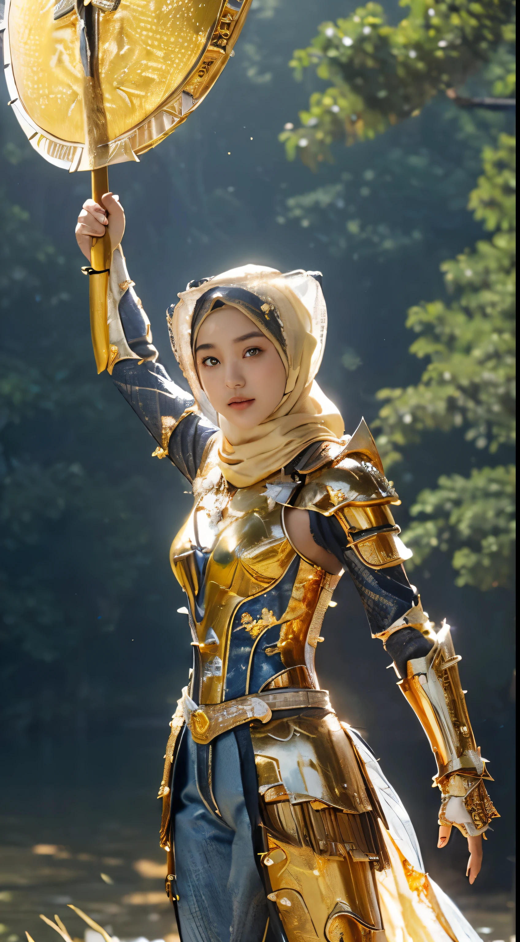 (1 Japan cutes teen with idol style), ((Top  Quality, masterpiece: 1.3)), focusing: 1.2, Perfect body care: 1.4 , (Wearing Hijab:1.2), ((Highly detailed face and skin texture)), Extremely realistic, Ultra detailed, HD, Portrait, 8K, Dressed in white and gold with spread wide big wings, (holding single flaming gold iron swords:1.2), (wearing hijab:1.5), (full iron golden armor shield:1.5), ornate cosplay, as a mystical valkyrie, the sailor galaxia, beautiful, white and gold priestess robes, anime cosplay, glamourous cosplay, with fiery golden wings, ((full iron trousers armor)), cosplay, professional cosplay, goddess of light, full body angel, cosplayer, perfect makeup, perfect face, beautiful face, beautiful body, arms covered with cloth, thighs covered with cloth, waterfall background, ((body object floating flying in the air:1.2)), foggy, fantasy weather, lightning strikes on either side, dramatic sttudio lighting, The atmosphere looks real, Full body shot, Front angle, ultra realistic, Professional、beautiful detail glow、Depth of bounds written、(((High chroma)))、(((real:1.9)))、((vivid:1.4))、((beautiful skin))、((skin texture))、((Real skin feel))、(((cowboy shot:1.5)))、((Angle seen from the front:1.5)), Front angle shot,