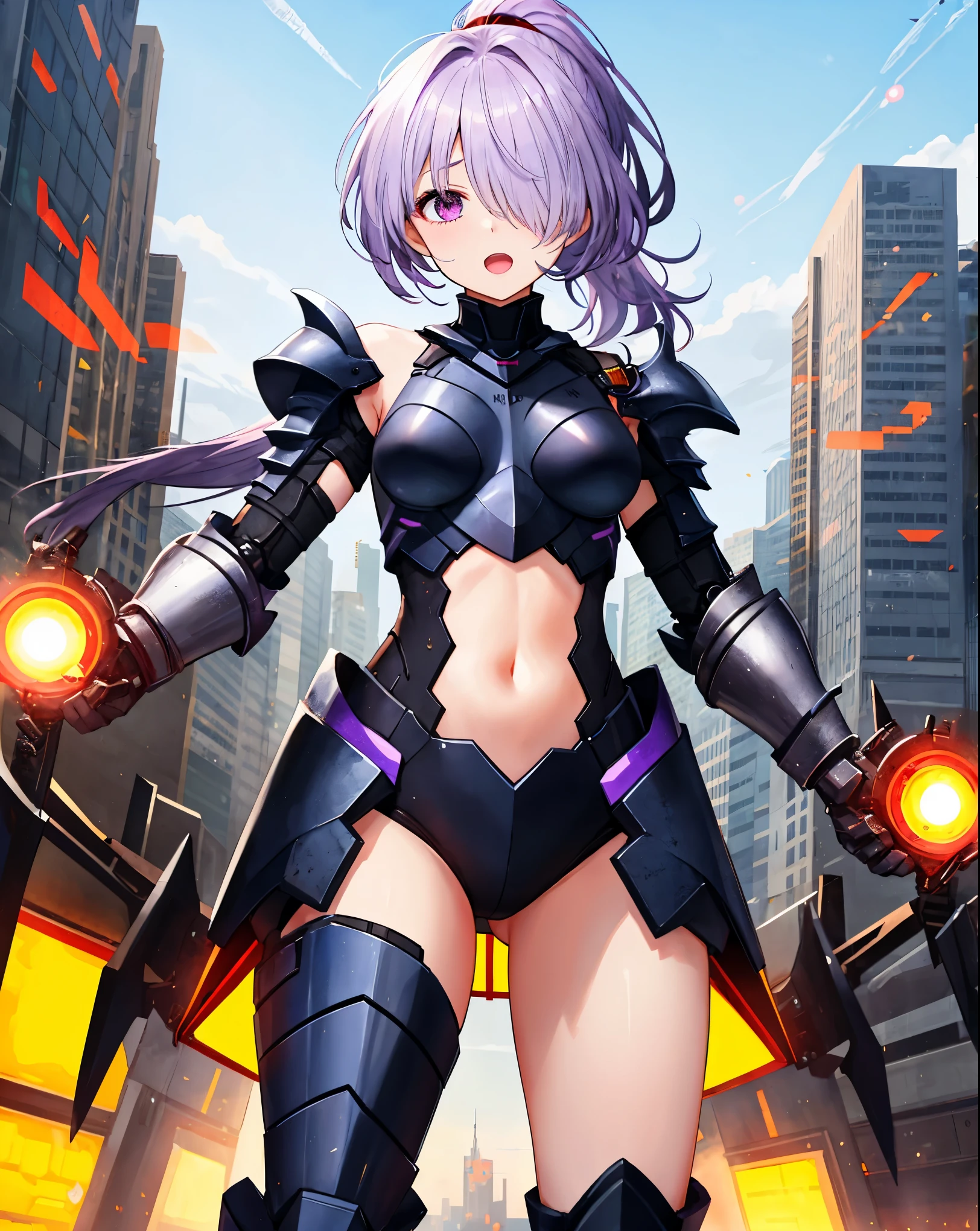 ,1girl,(:1.5), (short_ponytail:1.3), (light_whitish_purple_hair:1.3),black_mechanical_armor,white_breasts_parts_red_black_body_suit,bare_shoulder,bare_slender_thighs,medium_breasts,city_background,Stinging_eyes,sleepy,thighhigh_greaves,gauntlets,dynamic_posing,bare_frank,metal_red_parts_armor,red_eye,solo,
fists,hold_weapon,glare,navel,large_mechanical_parts,happy,waist_armor,open_mouth,rise_legs,apart_legs, (covered_navel:1.3),(very_long_bangs:1.3), (hair_over_one_eye:1.5),(long_bang_covers_right_half_of_face:1.5),
(covered_pussy:1.1),covered_breasts,fighting,