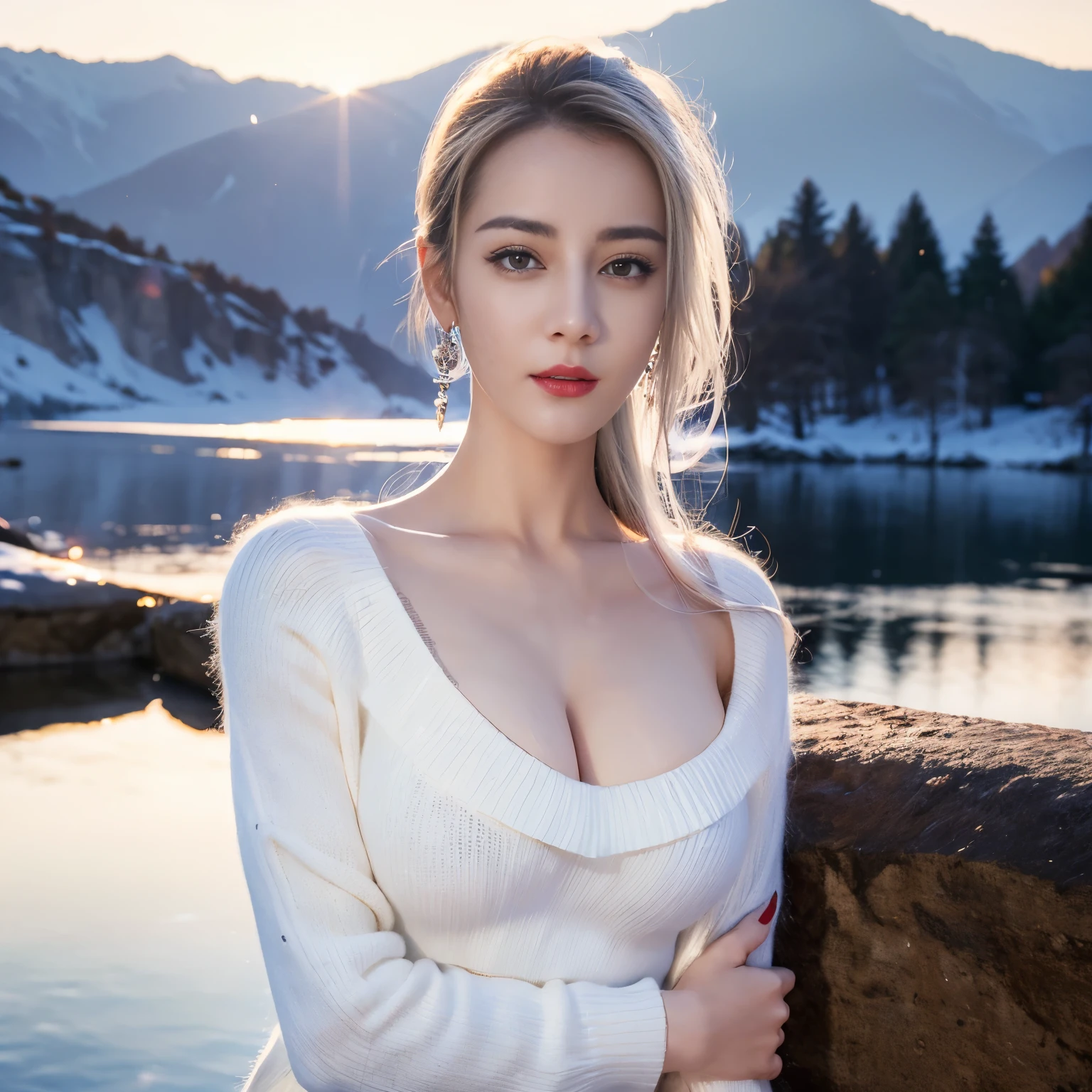 ((top quality、8k、​Masterpiece:1.3))、Extremely delicate and beautiful girl，full-body shot，huge breasts，bigger breasts，amazing breast size，G cup，Half of the breasts are exposed。Wear big earrings，Very white skin，moist red lips，Waist is very thin，Thighs are very thin，big butt，fair and smooth skin，Smooth and fair skin，flawless skin，Fair and shiny skin，cold white skin，The camera focuses on the chest，Bright light，white sweater，Lower body exposed，white hair，heavy snow，snow mountain，sunset，lake