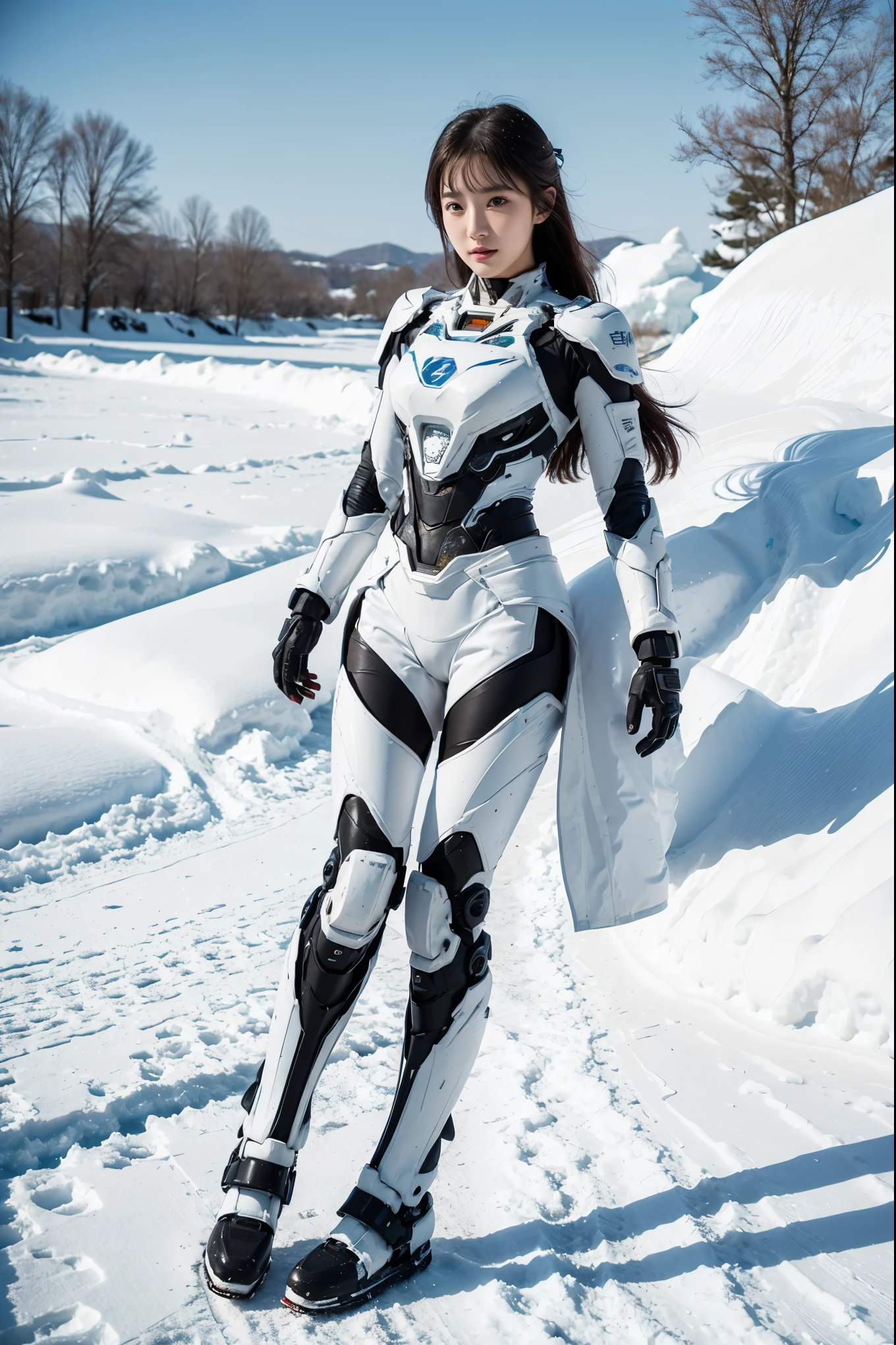 1 girl, Lovely, Ice and Snow World, alone, skinny, wind, Mecha suit, whole body, pretty face, Decorated with intricate patterns and delicate lines, Mecha suit,