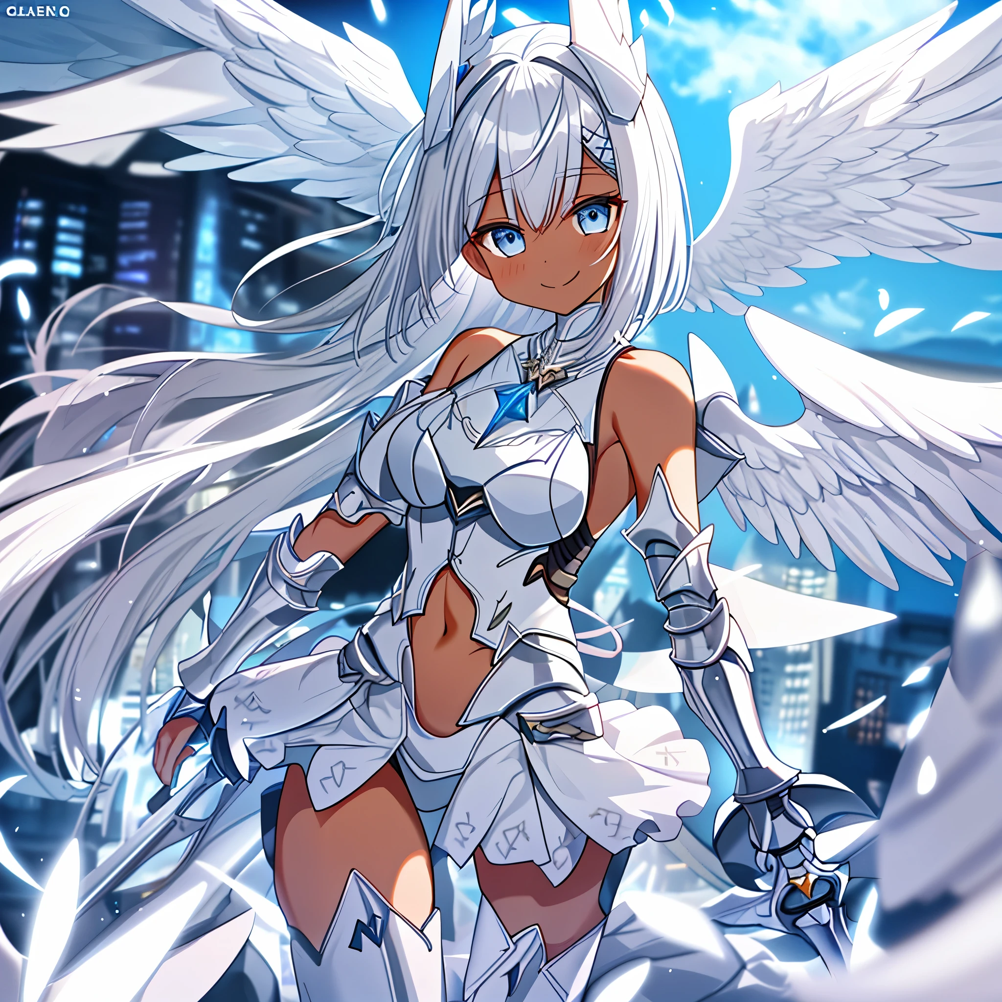 fantasy, 1angel_girl, low_, white_medium_bob_hair,long_bangs, (dark_skin)+, bare_shoulder, navel out, thighhighs,silver_shiny_armor, white_clothes,waist_armor, Glebe, hold_shiny_swords, medium_breasts,, dynamic_pose_fighting,Floating, (1pair_white_wings,pelvic_curtain)++, Headgear ,city_sky_background,,slightly_spread_legs, light_smile,multiple_shiny_swords_floating_around_the_girl